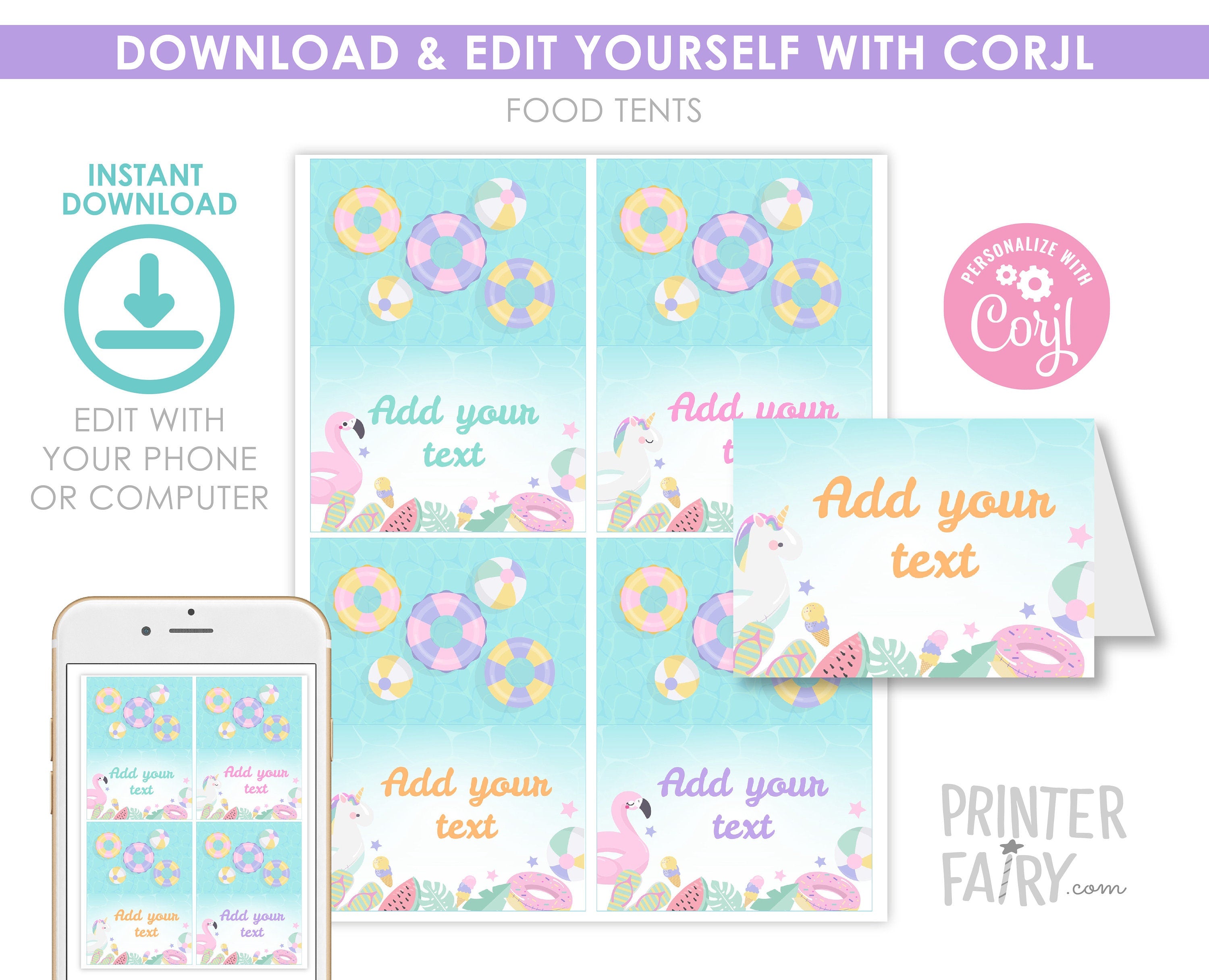 Pool Birthday Party Food Tents EDITABLE Template, Instant Download