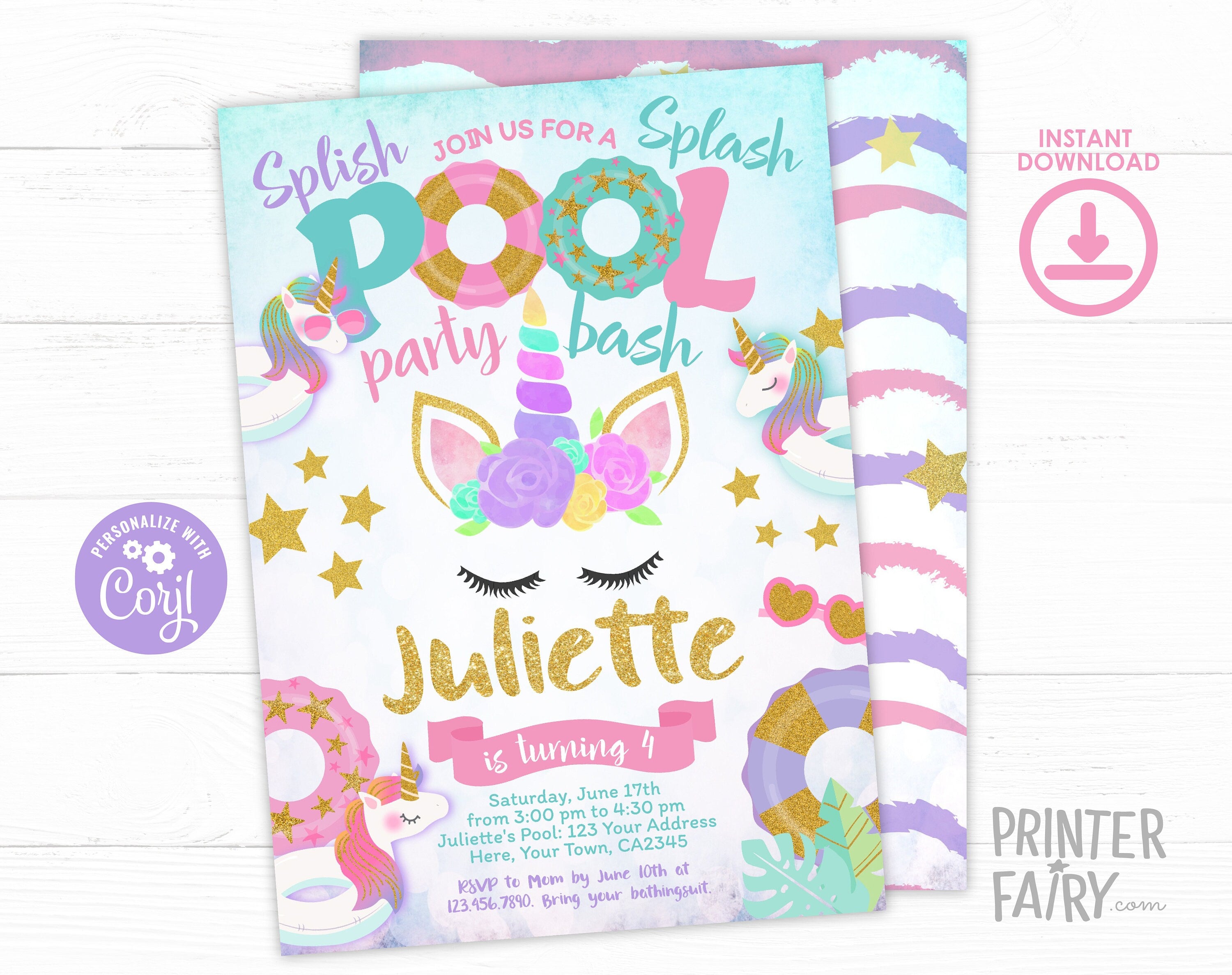 Unicorn Pool Party Invitation EDITABLE Template, INSTANT DOWNLOAD