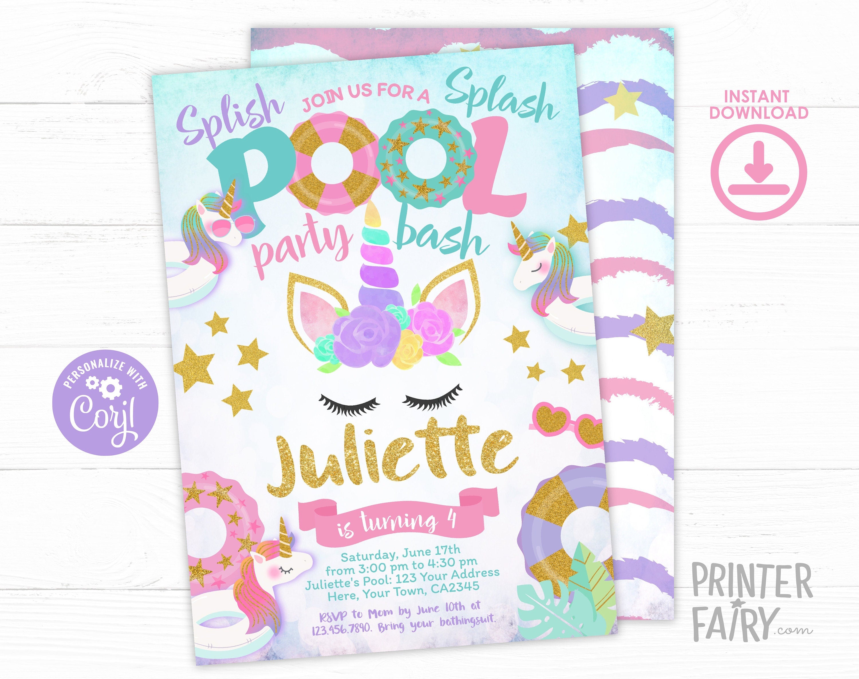 Unicorn Pool Party Invitation EDITABLE Template, INSTANT DOWNLOAD