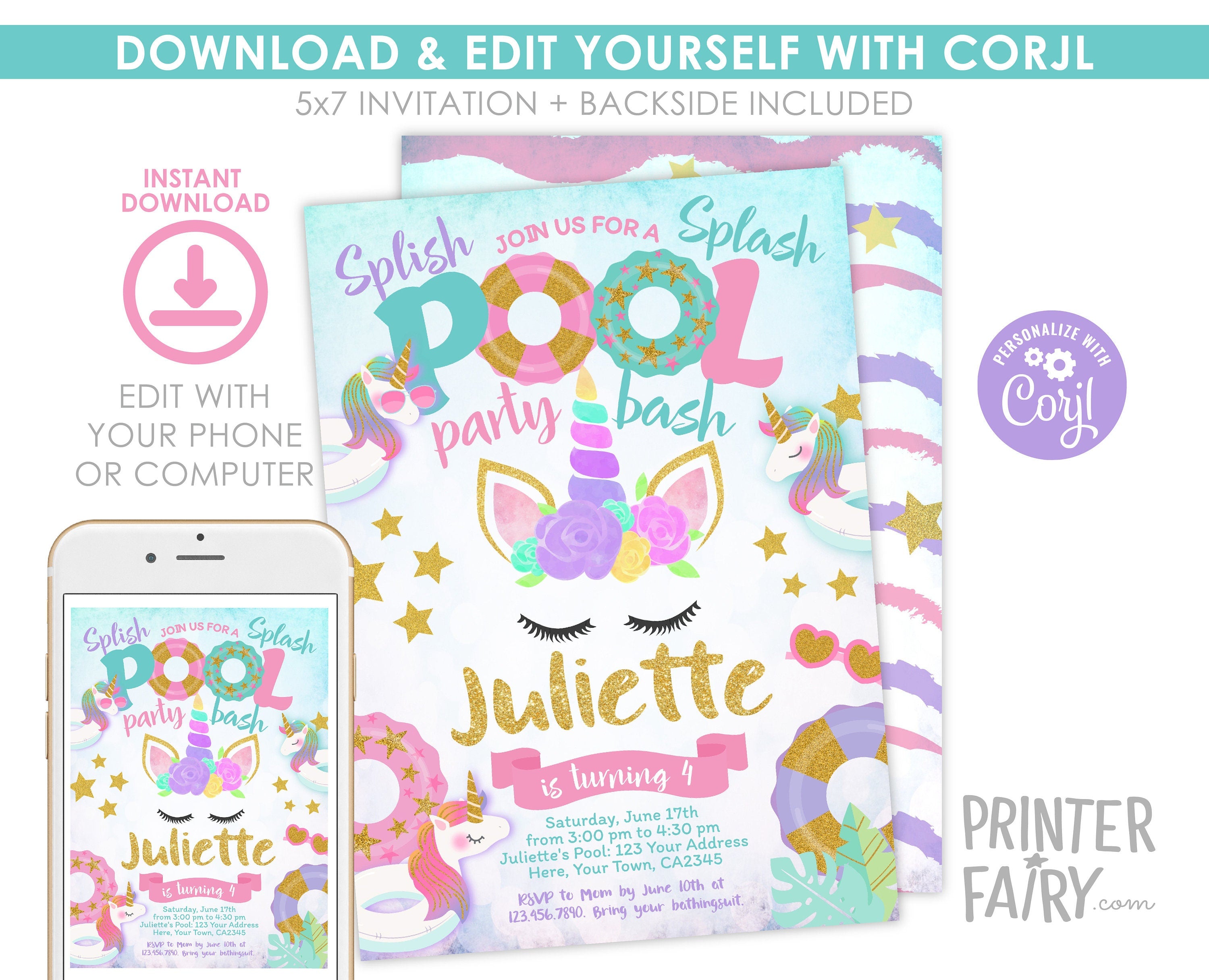 Unicorn Pool Party Invitation EDITABLE Template, INSTANT DOWNLOAD