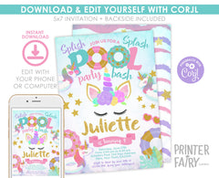 Unicorn Pool Party Invitation EDITABLE Template, INSTANT DOWNLOAD