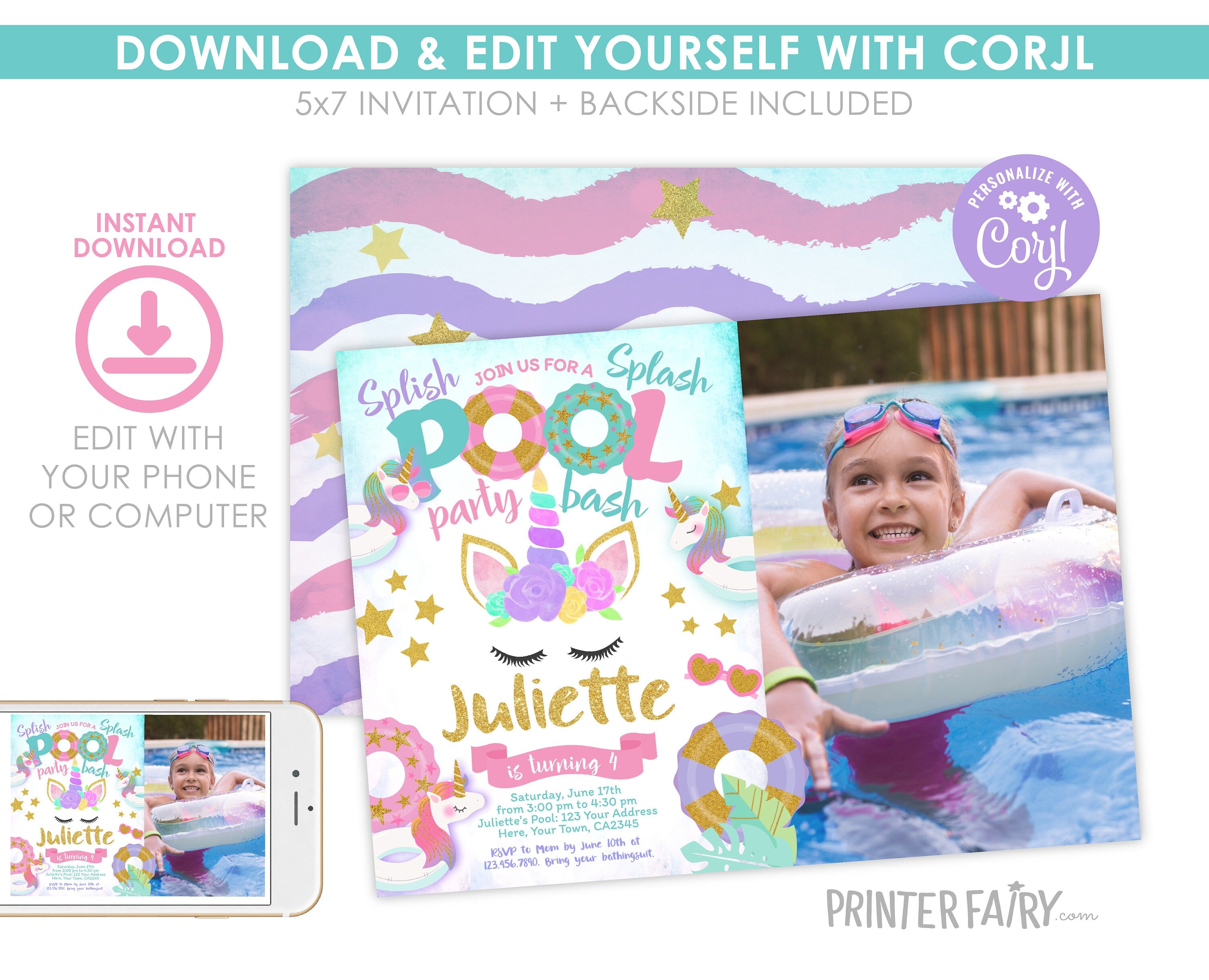 Unicorn Pool Birthday Party Invitation with Photo, Editable (Digital Item)