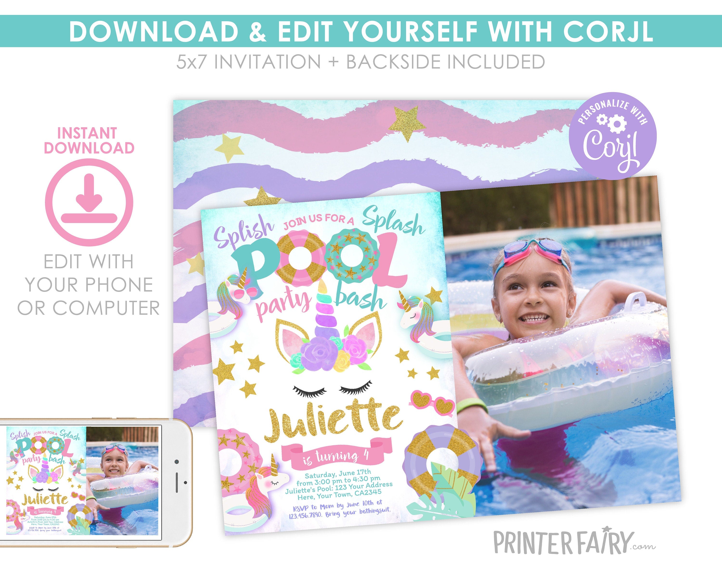 Unicorn Pool Birthday Party Invitation with Photo, Editable (Digital Item)