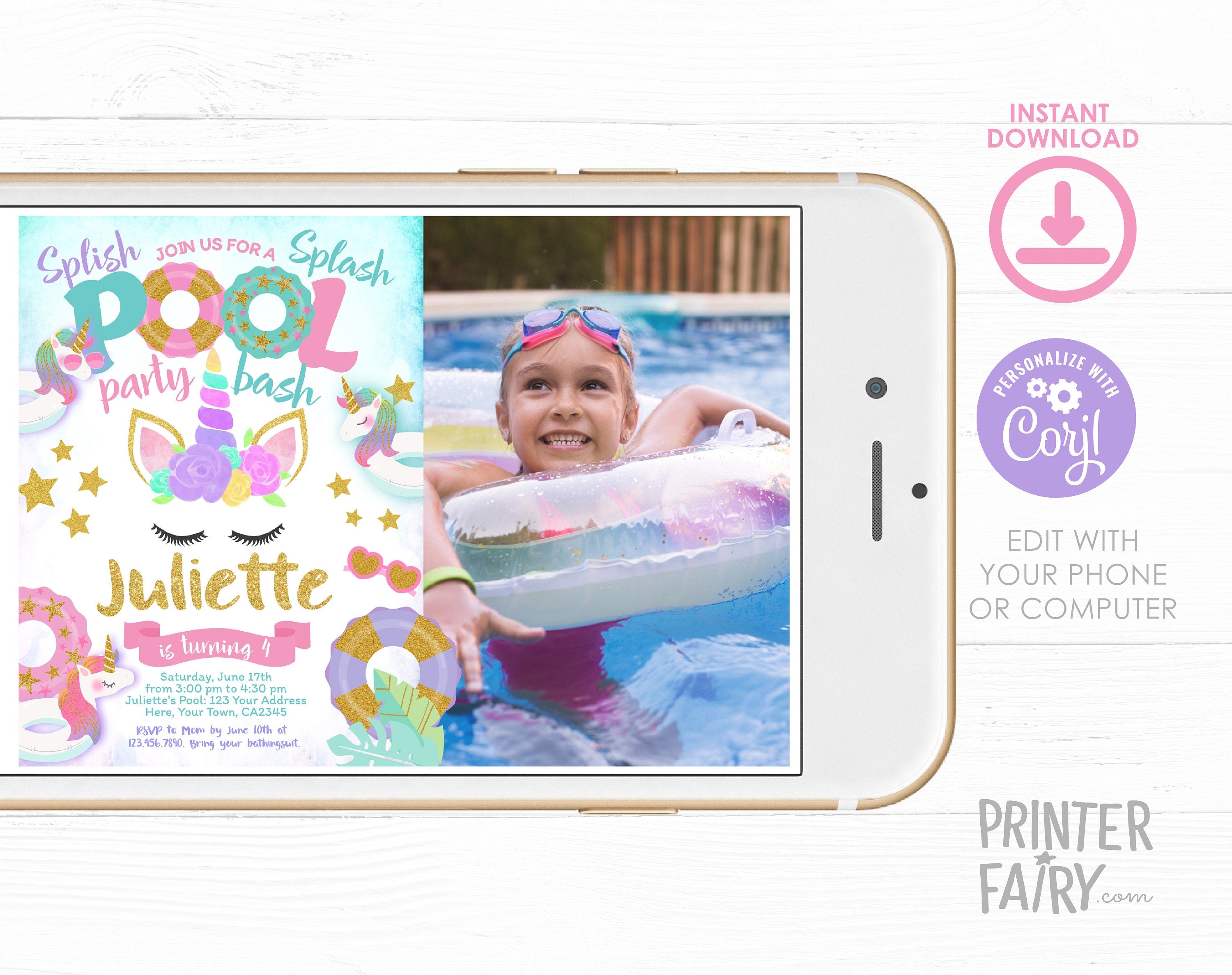 Unicorn Pool Birthday Party Invitation with Photo, Editable (Digital Item)