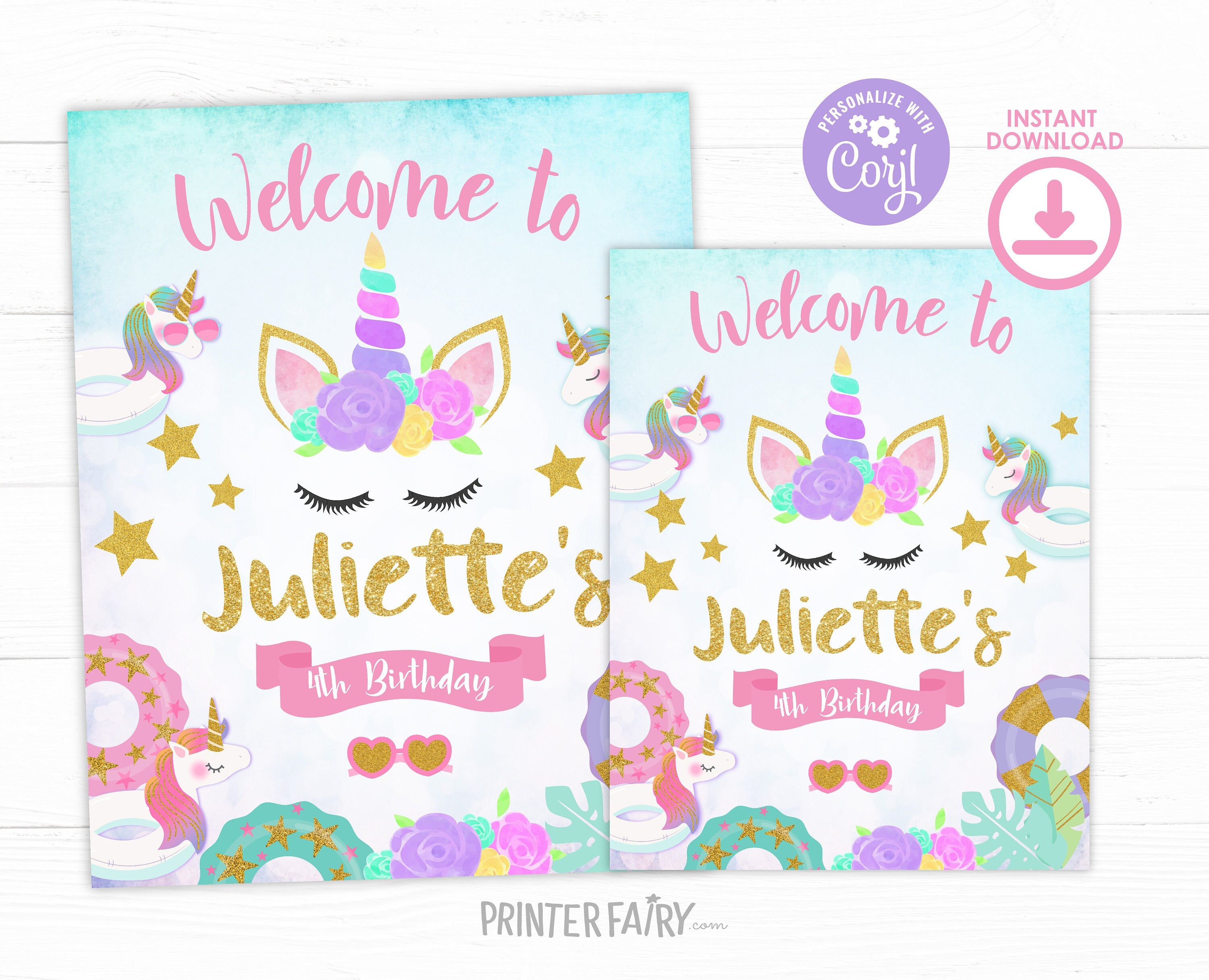 Unicorn Pool Party Welcome Sign EDITABLE TEMPLATE, Instant Download