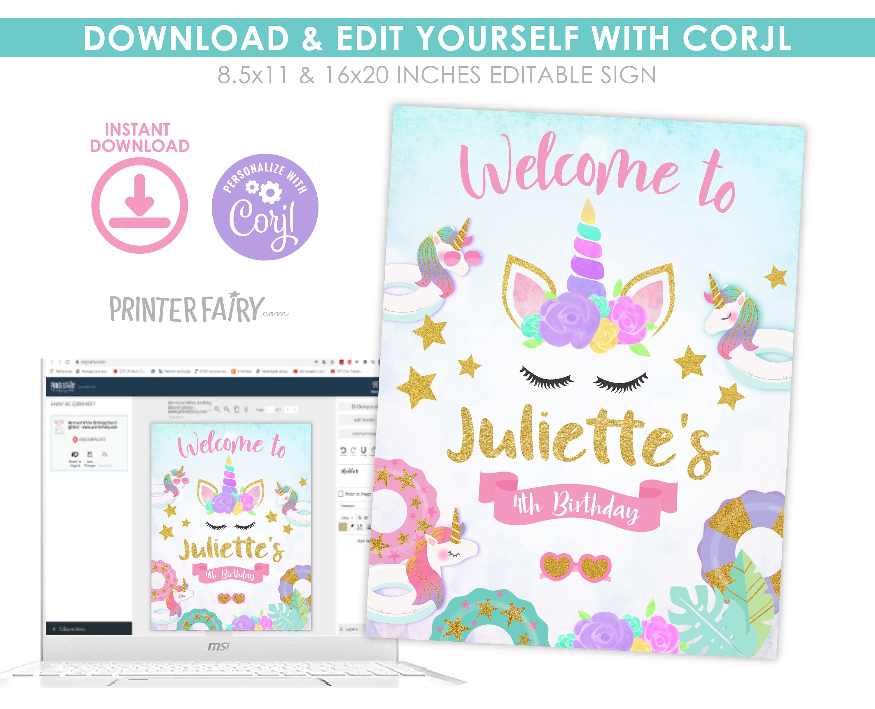 Unicorn Pool Party Welcome Sign EDITABLE TEMPLATE, Instant Download