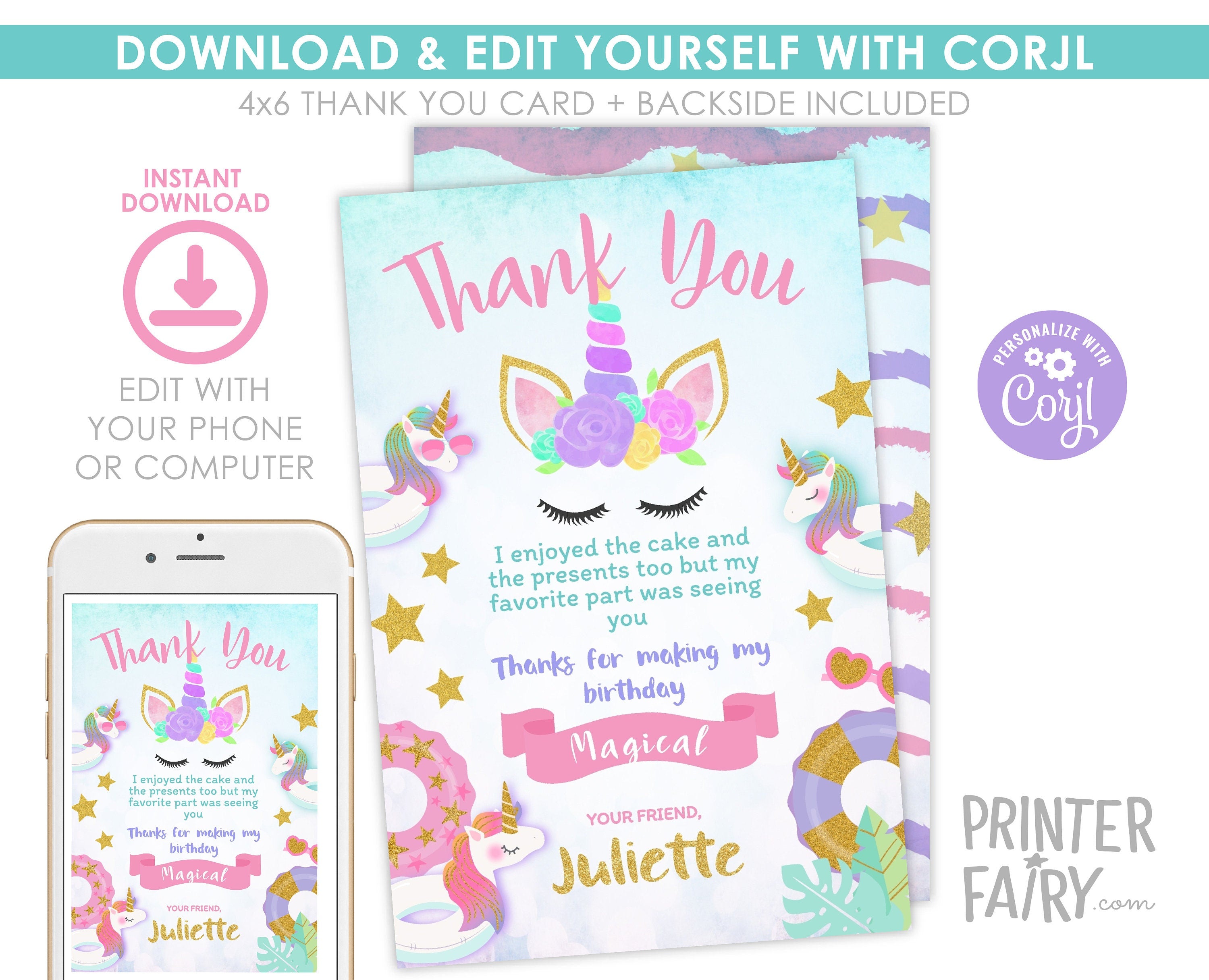Unicorn Pool Birthday Party Thank You Card EDITABLE TEMPLATE, Instant Download