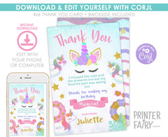 Unicorn Pool Birthday Party Thank You Card EDITABLE TEMPLATE, Instant Download