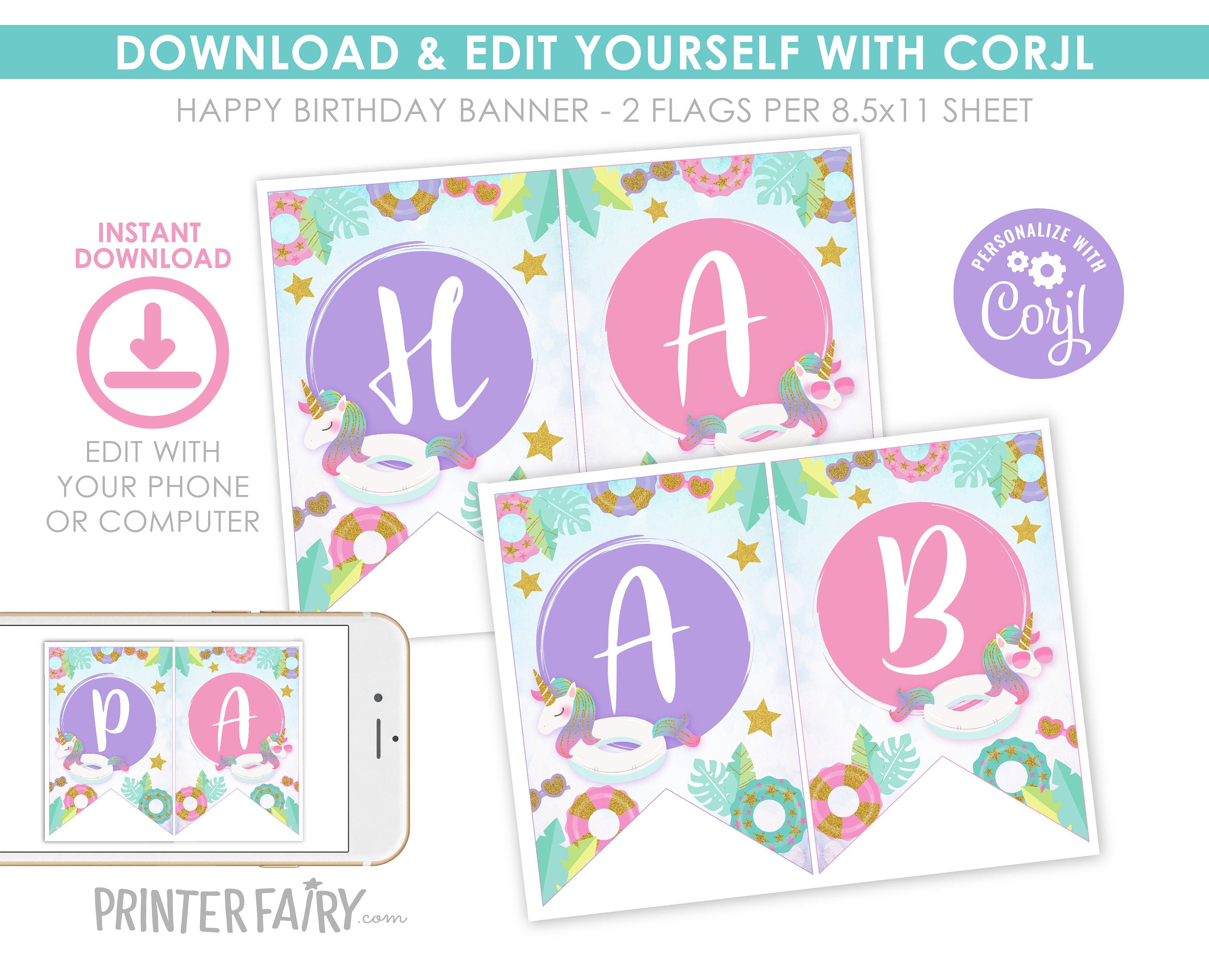 Unicorn Pool Party Banner EDITABLE Template, Add your Own Text, INSTANT DOWNLOAD