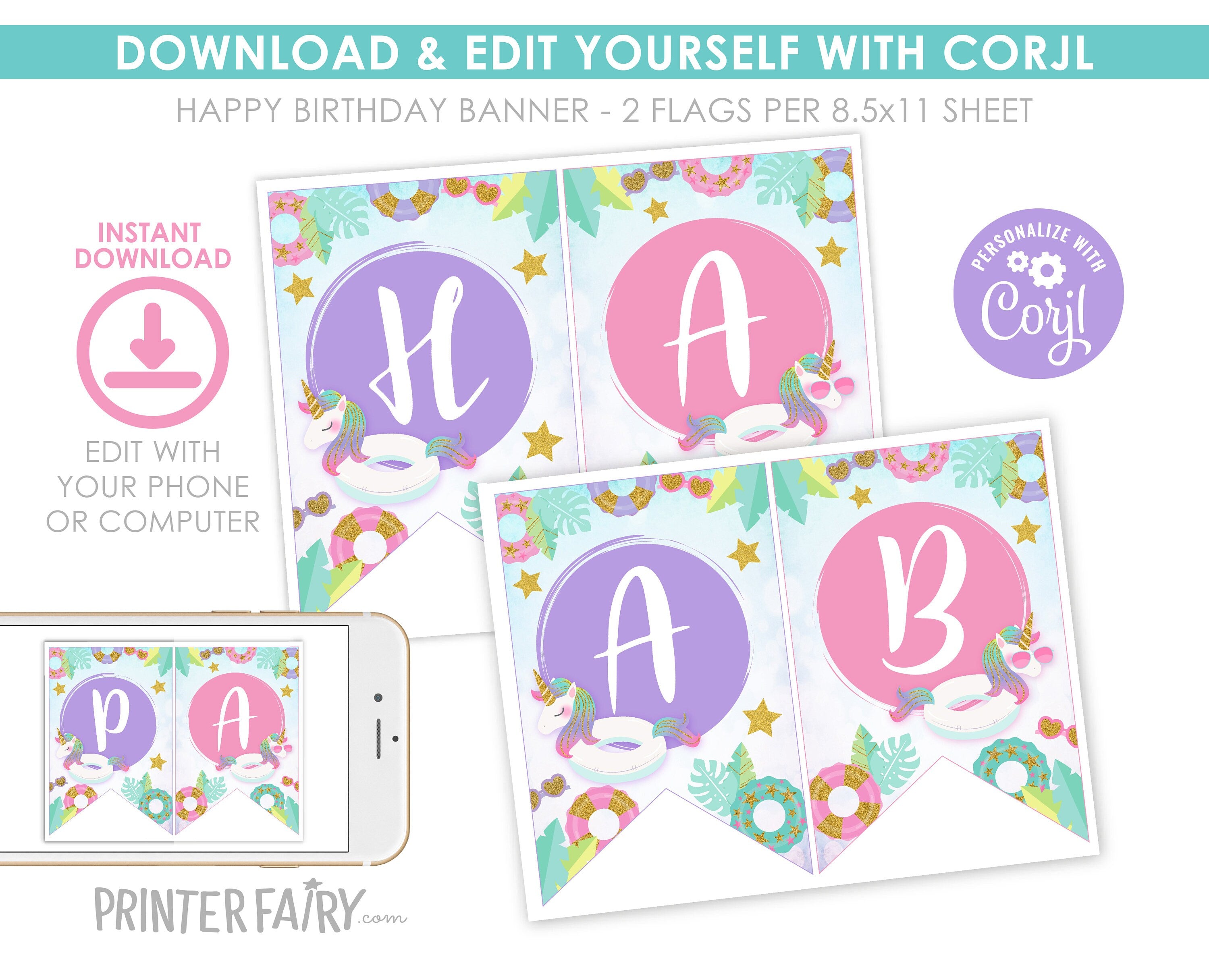 Unicorn Pool Party Banner EDITABLE Template, Add your Own Text, INSTANT DOWNLOAD
