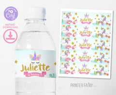 Unicorn Pool Birthday Party Water Bottle Label, EDITABLE TEMPLATE, Instant Download
