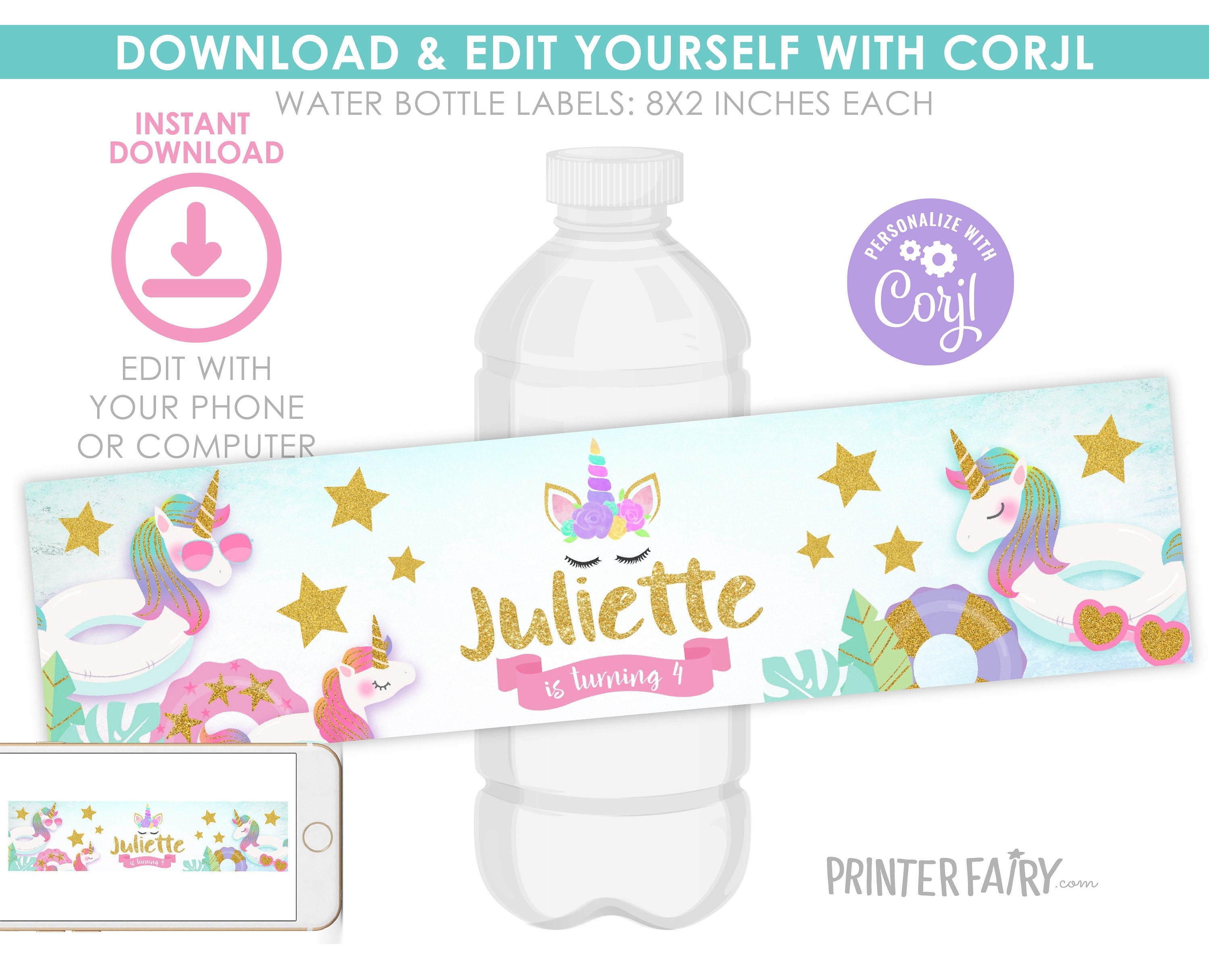 Unicorn Pool Birthday Party Water Bottle Label, EDITABLE TEMPLATE, Instant Download