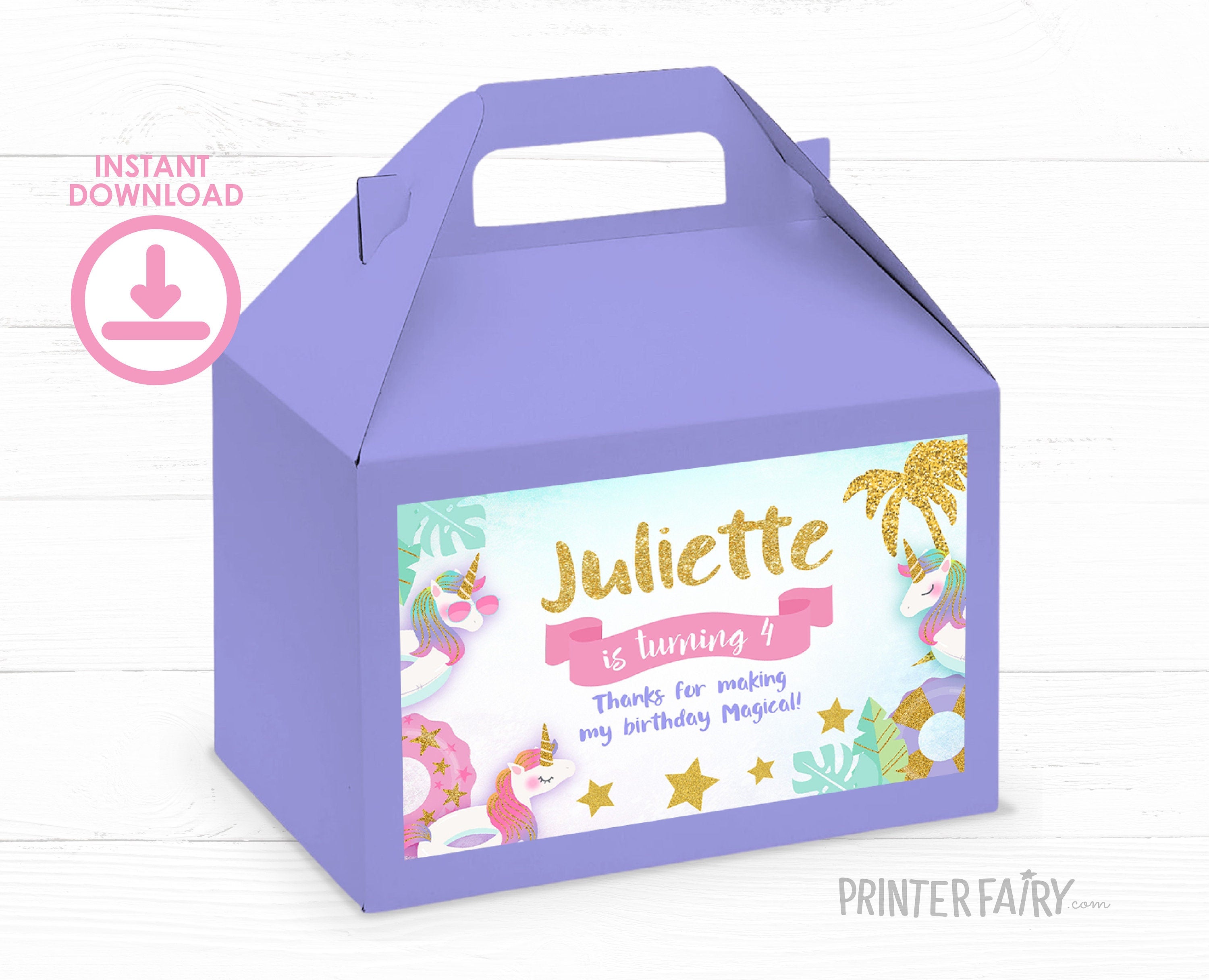 Unicorn Pool Party Gable Box Label, EDITABLE Template, INSTANT Download