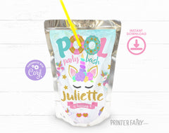 Unicorn Pool Party Drink Pouch Label, EDITABLE template, INSTANT DOWNLOAD