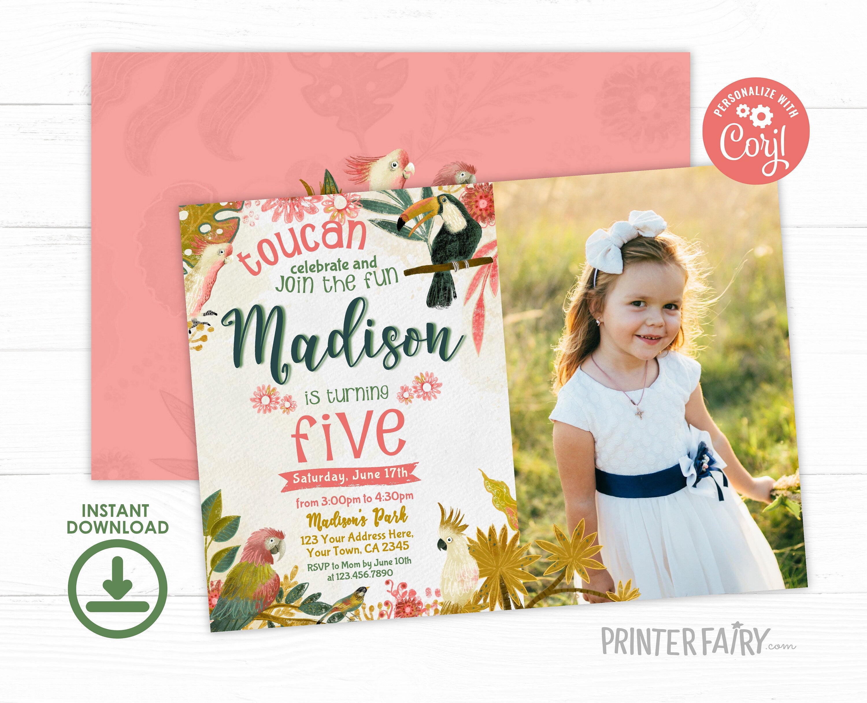 Tropical Birds Birthday Invitation with Photo, Editable Luau Invite (Instant Download)