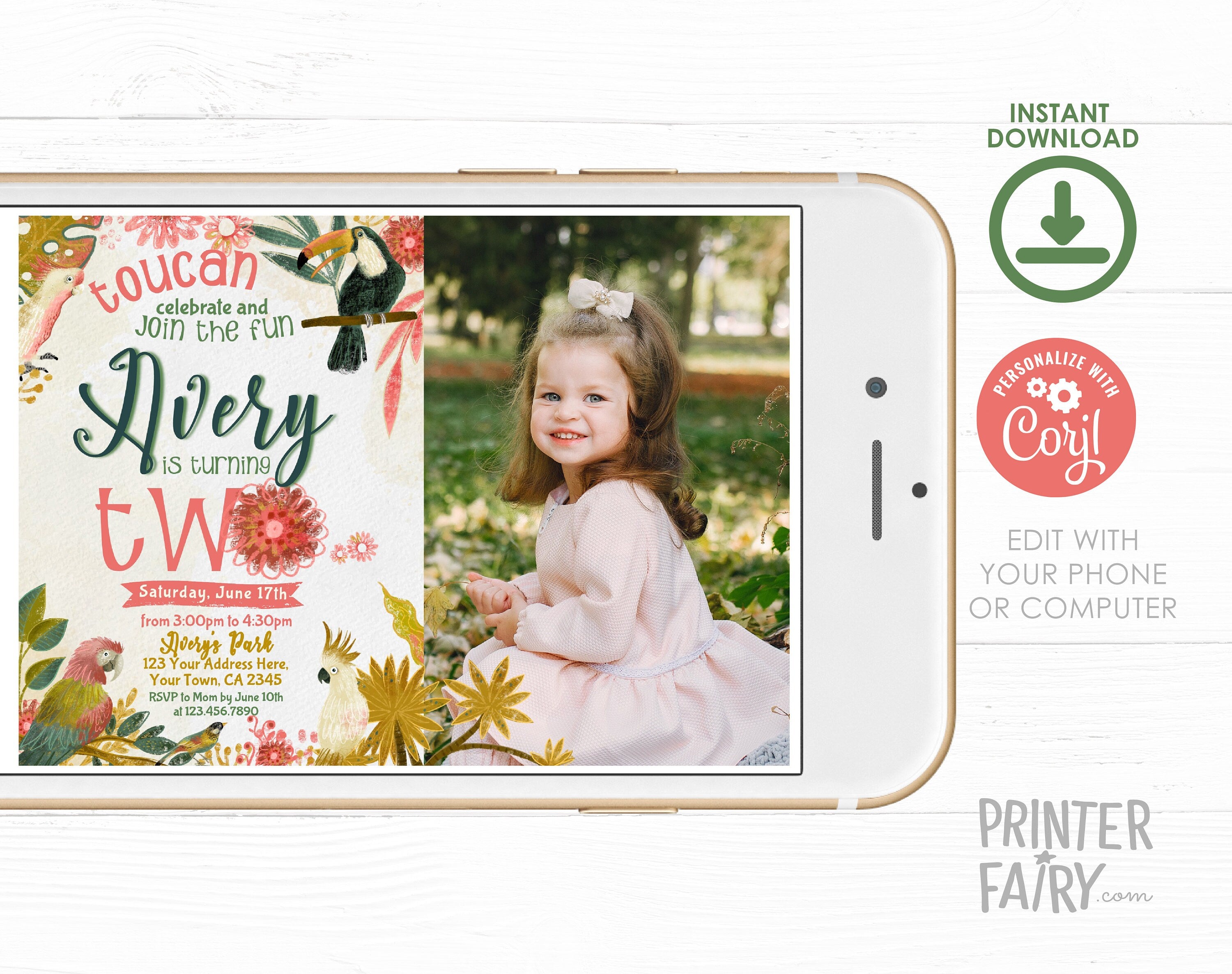 Tropical Birds Birthday Invitation, Luau Party, Photo, Editable (Digital Download)