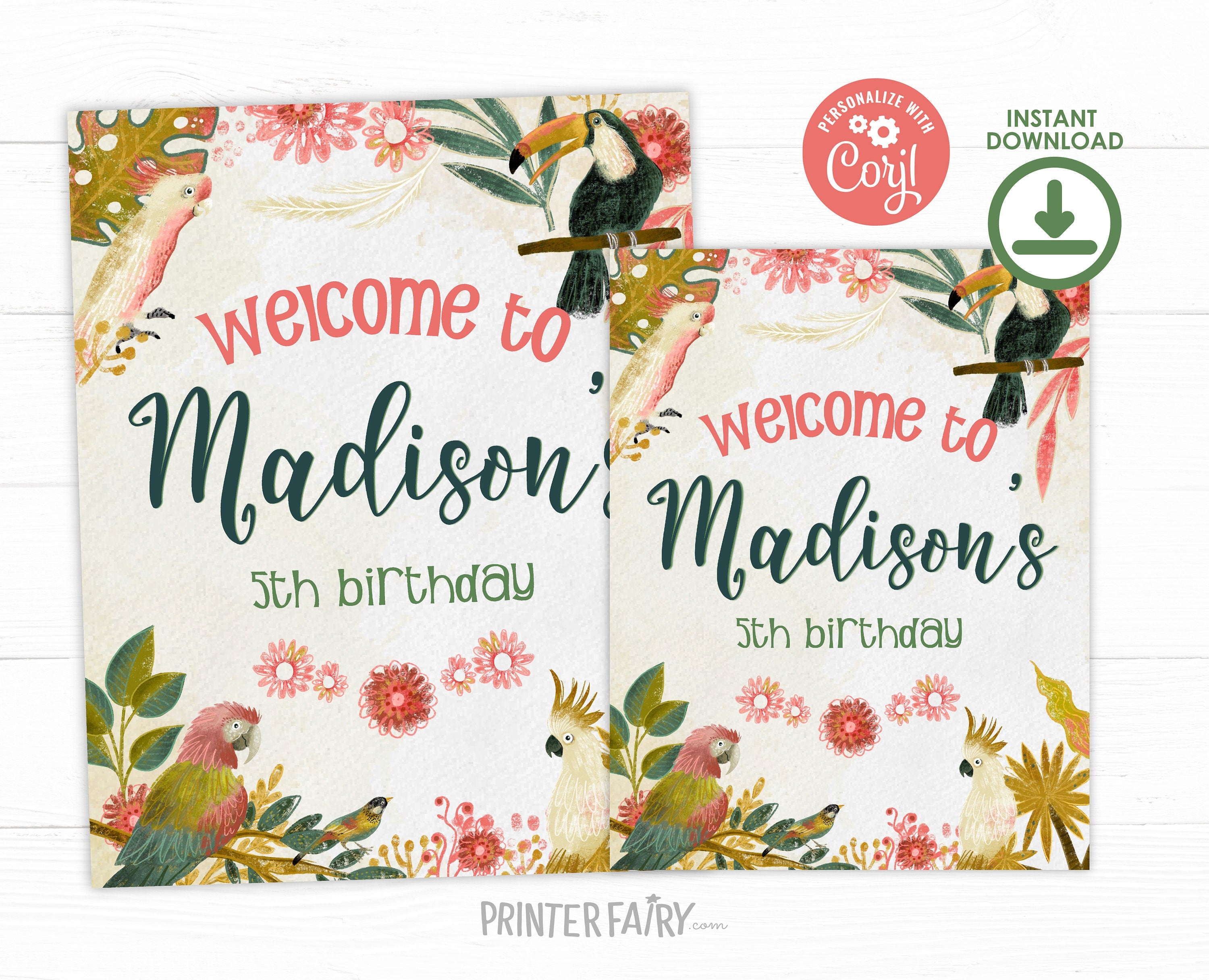 Tropical Bird Birthday Welcome Sign, Luau Party Decor (Instant Download)