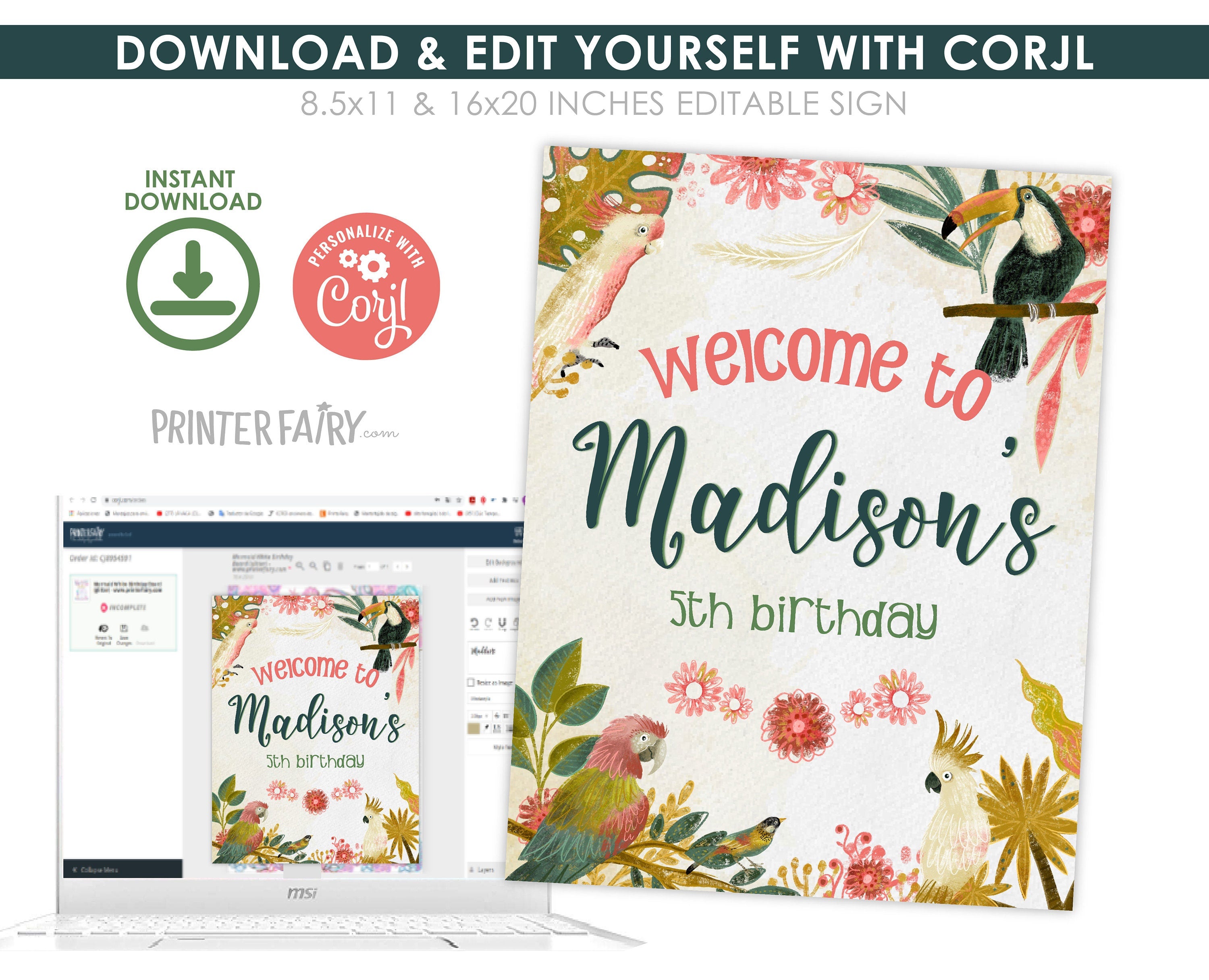 Tropical Bird Birthday Welcome Sign, Luau Party Decor (Instant Download)