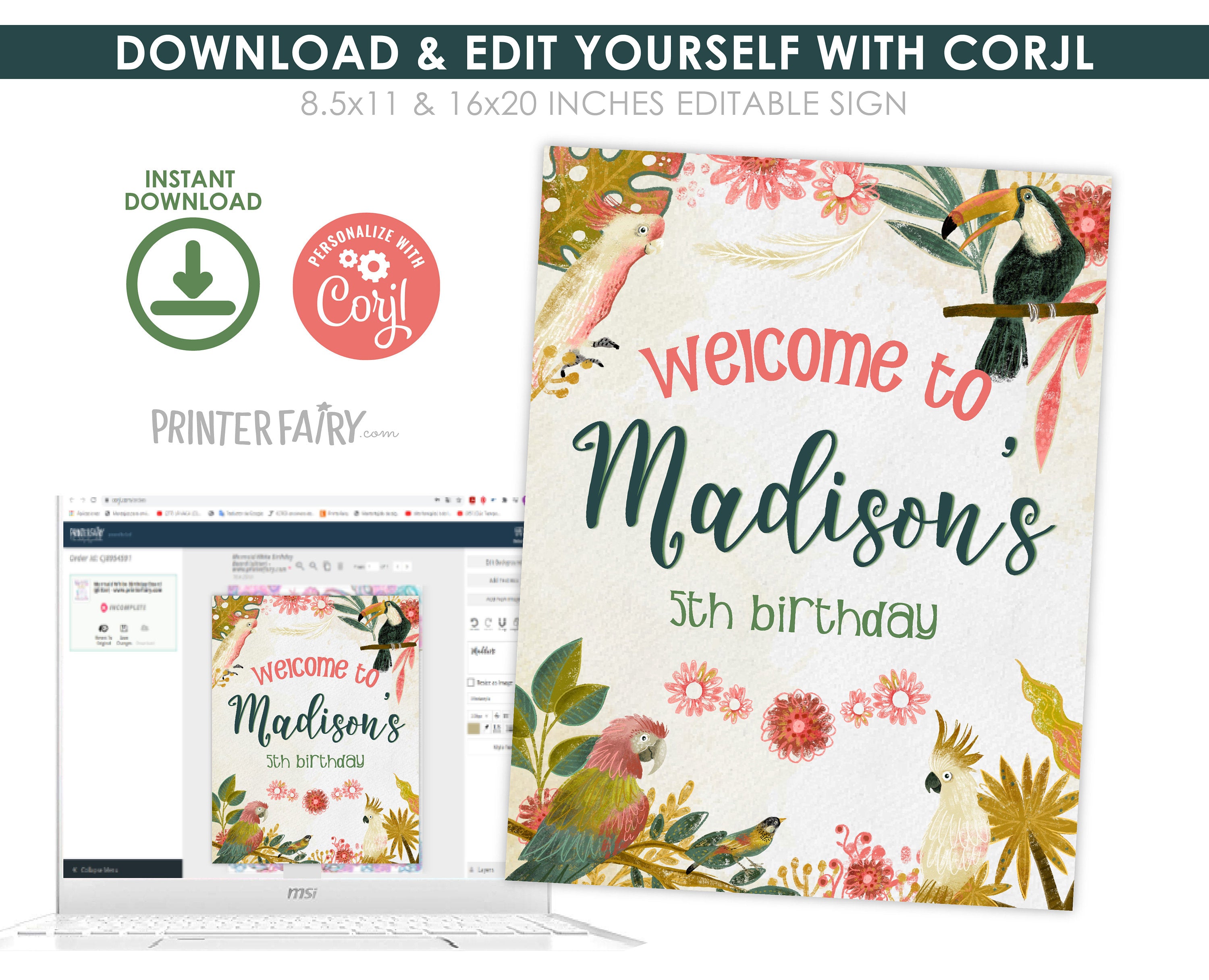 Tropical Bird Birthday Welcome Sign, Luau Party Decor (Instant Download)