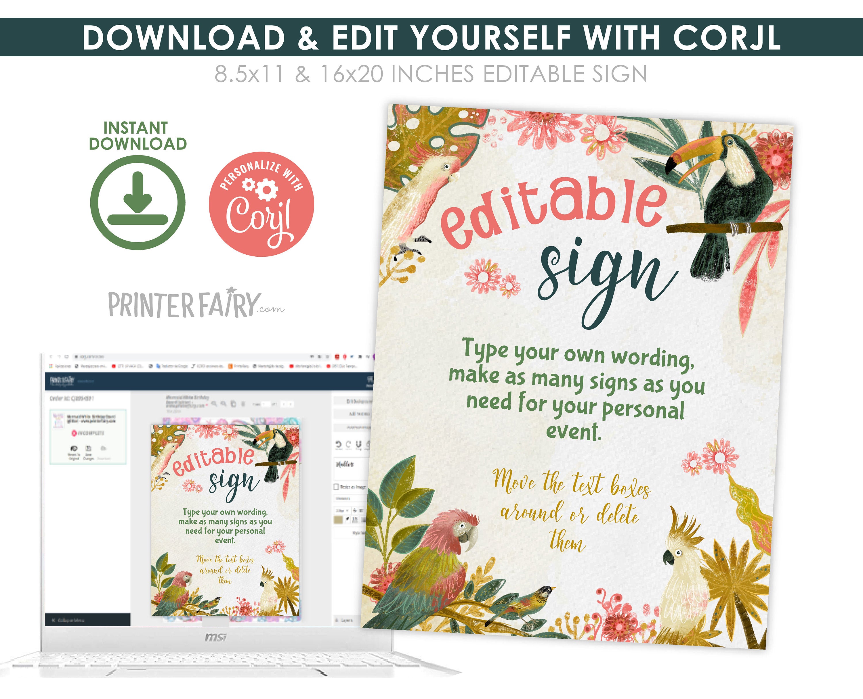 Tropical Birds Birthday Party Sign, Luau Decoration (INSTANT DOWNLOAD)