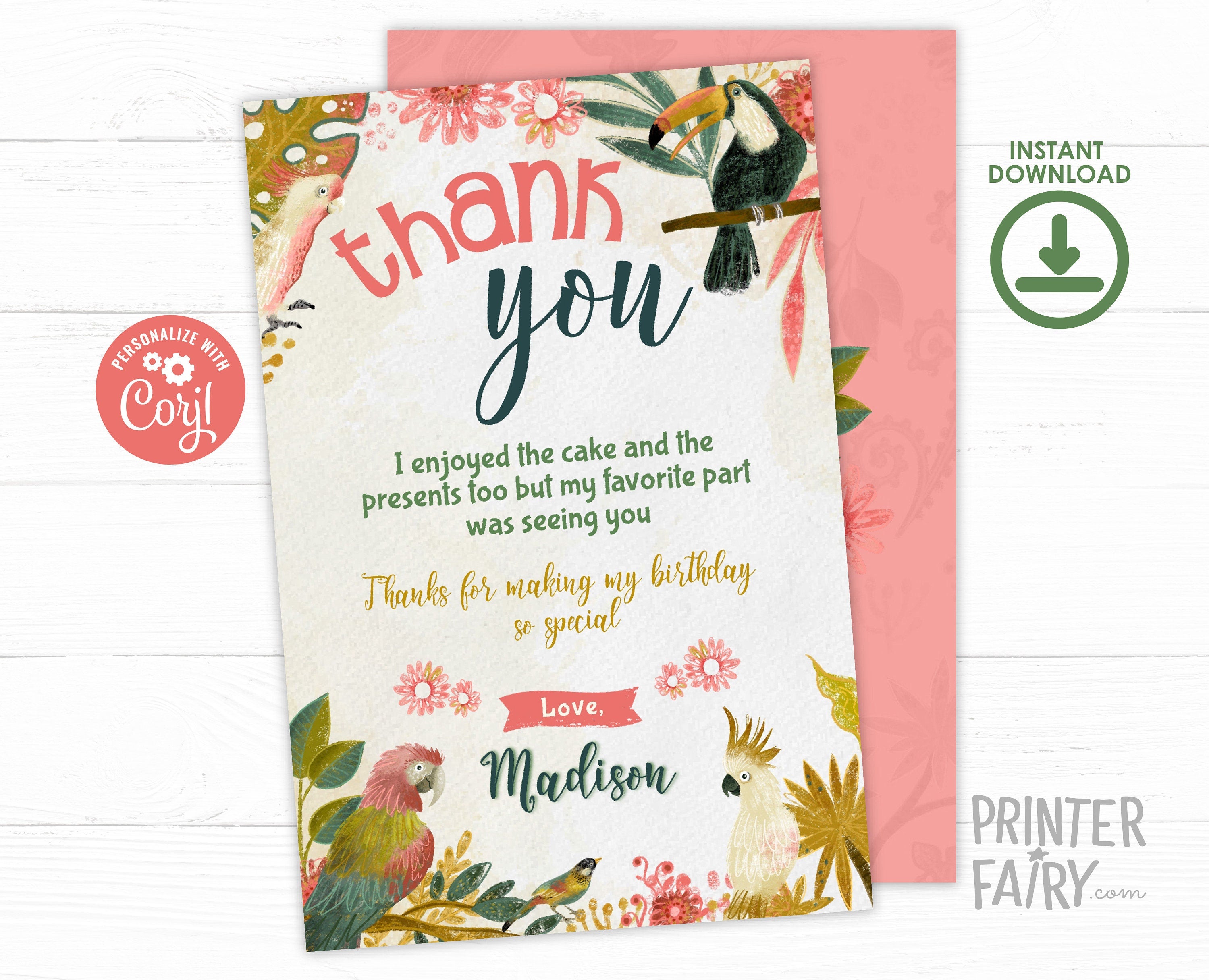 Tropical Birds Birthday Thank You Card, Editable Template (Instant Download)