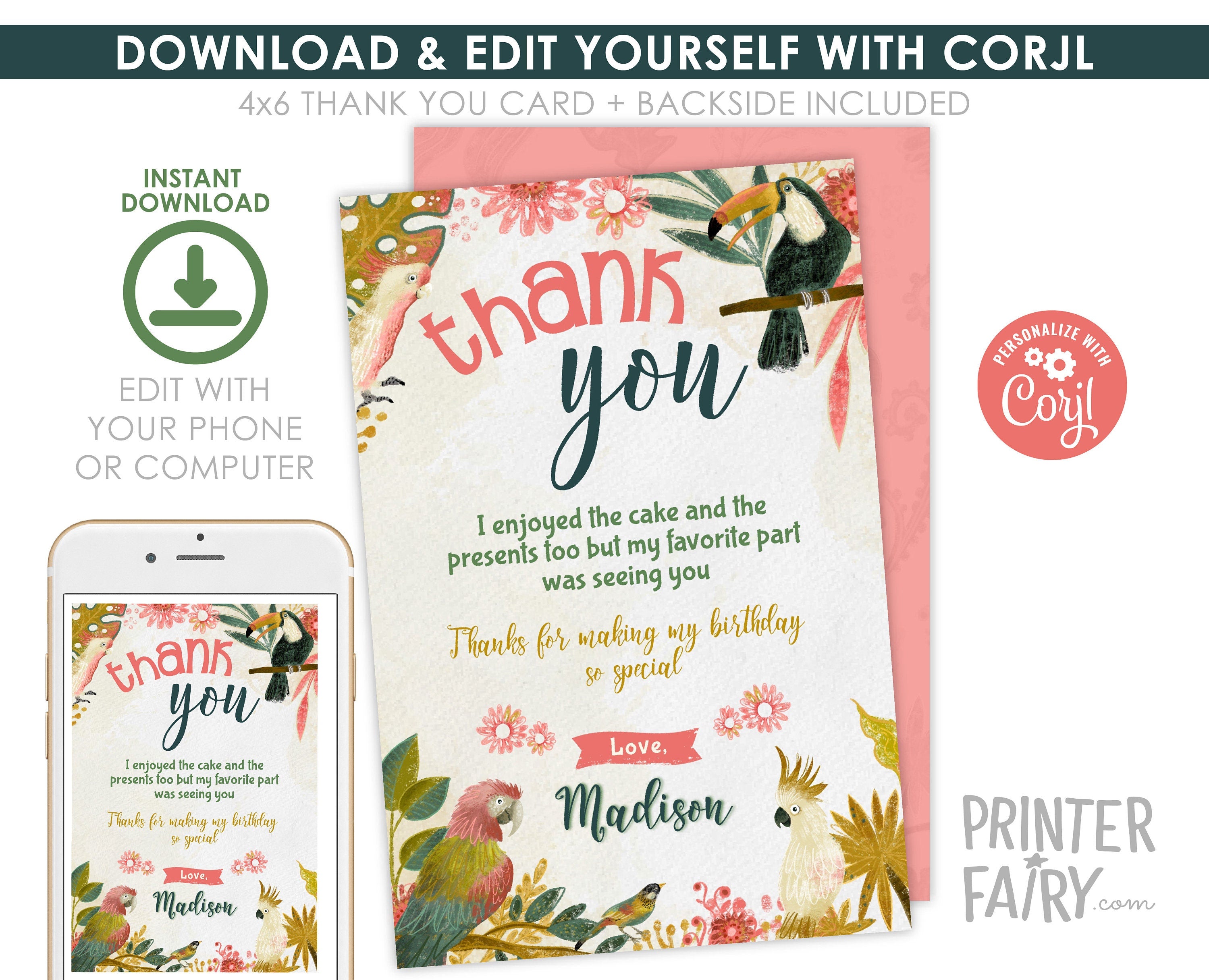 Tropical Birds Birthday Thank You Card, Editable Template (Instant Download)