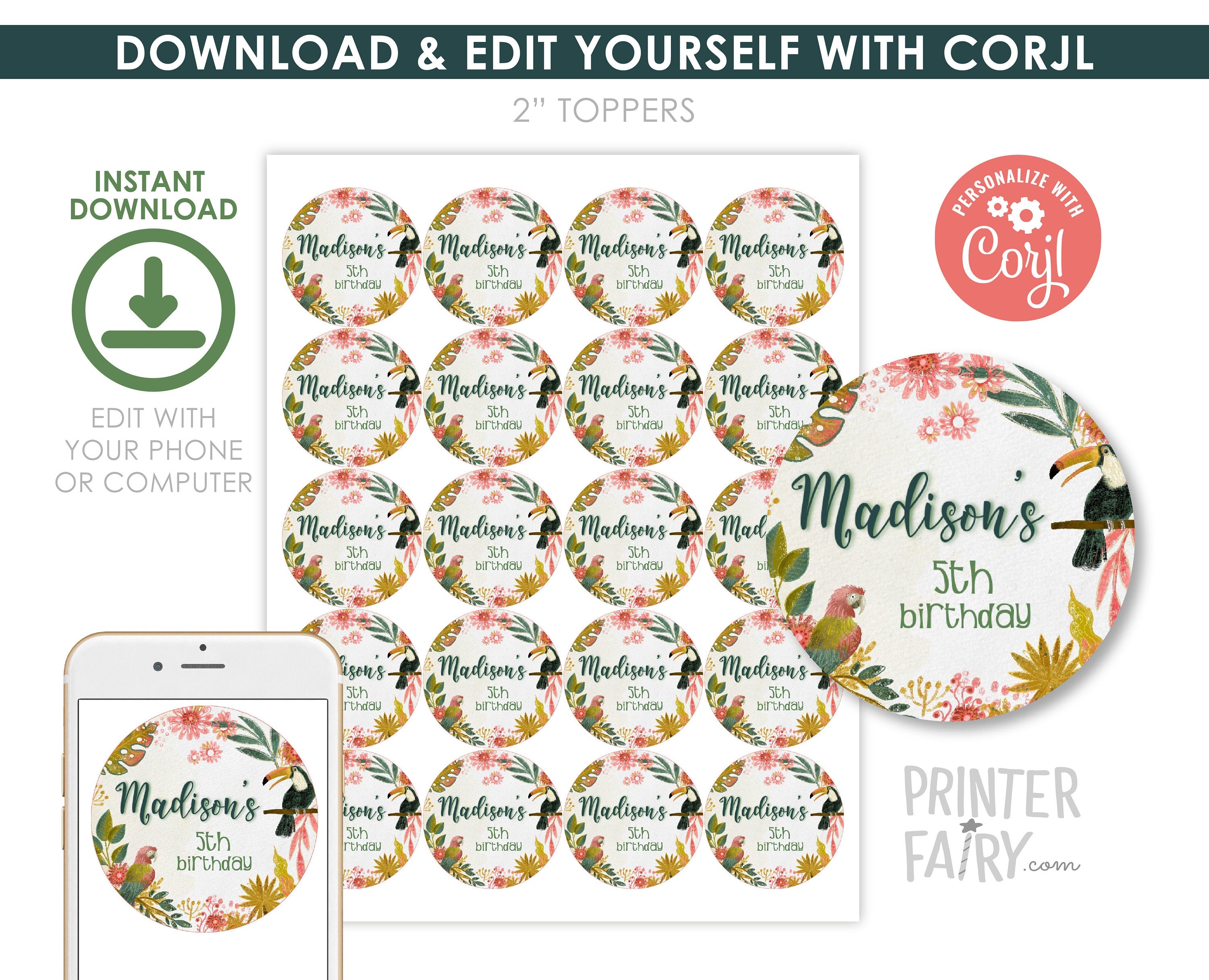 Tropical Birds Birthday Toppers, Luau Party Labels (EDITABLE, INSTANT DOWNLOAD)