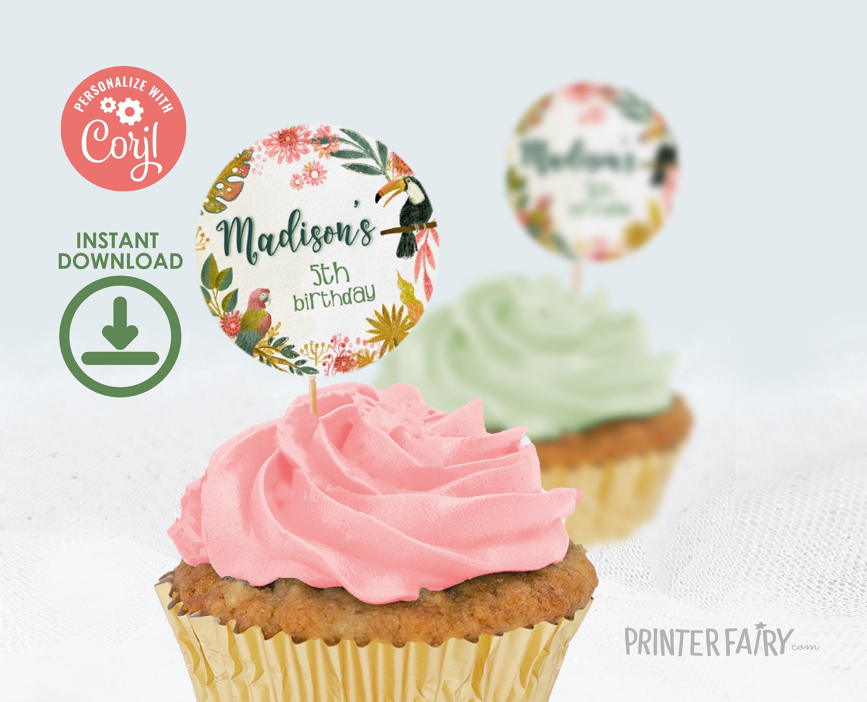 Tropical Birds Birthday Toppers, Luau Party Labels (EDITABLE, INSTANT DOWNLOAD)