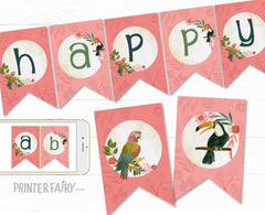 Tropical Birds Birthday Banner, Luau Party Decor (INSTANT DOWNLOAD)