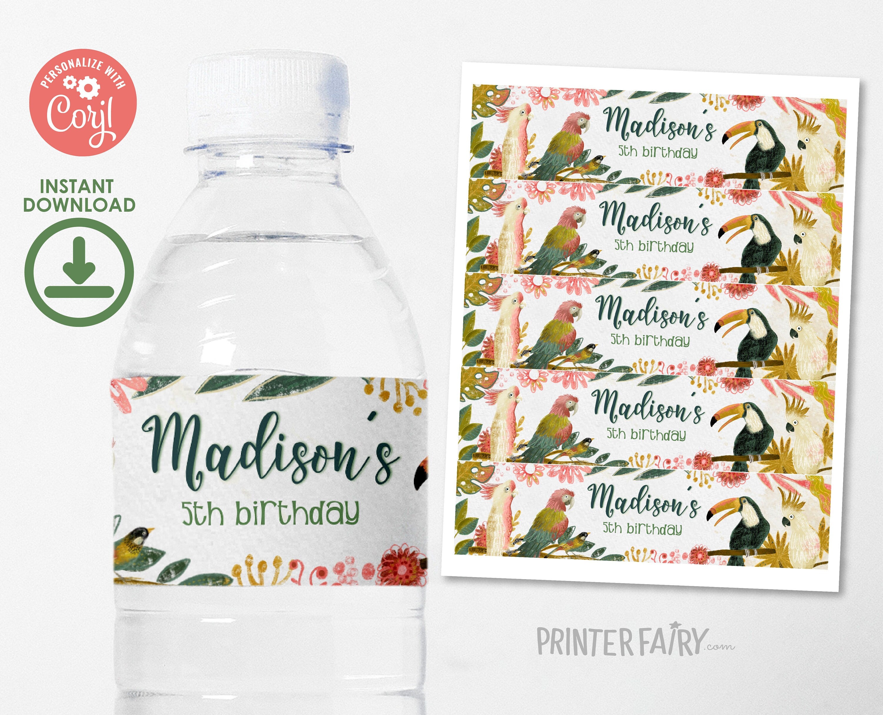 Tropical Birds Birthday Water Bottle Label, Editable (Instant Download)