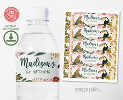 Tropical Birds Birthday Water Bottle Label, Editable (Instant Download)