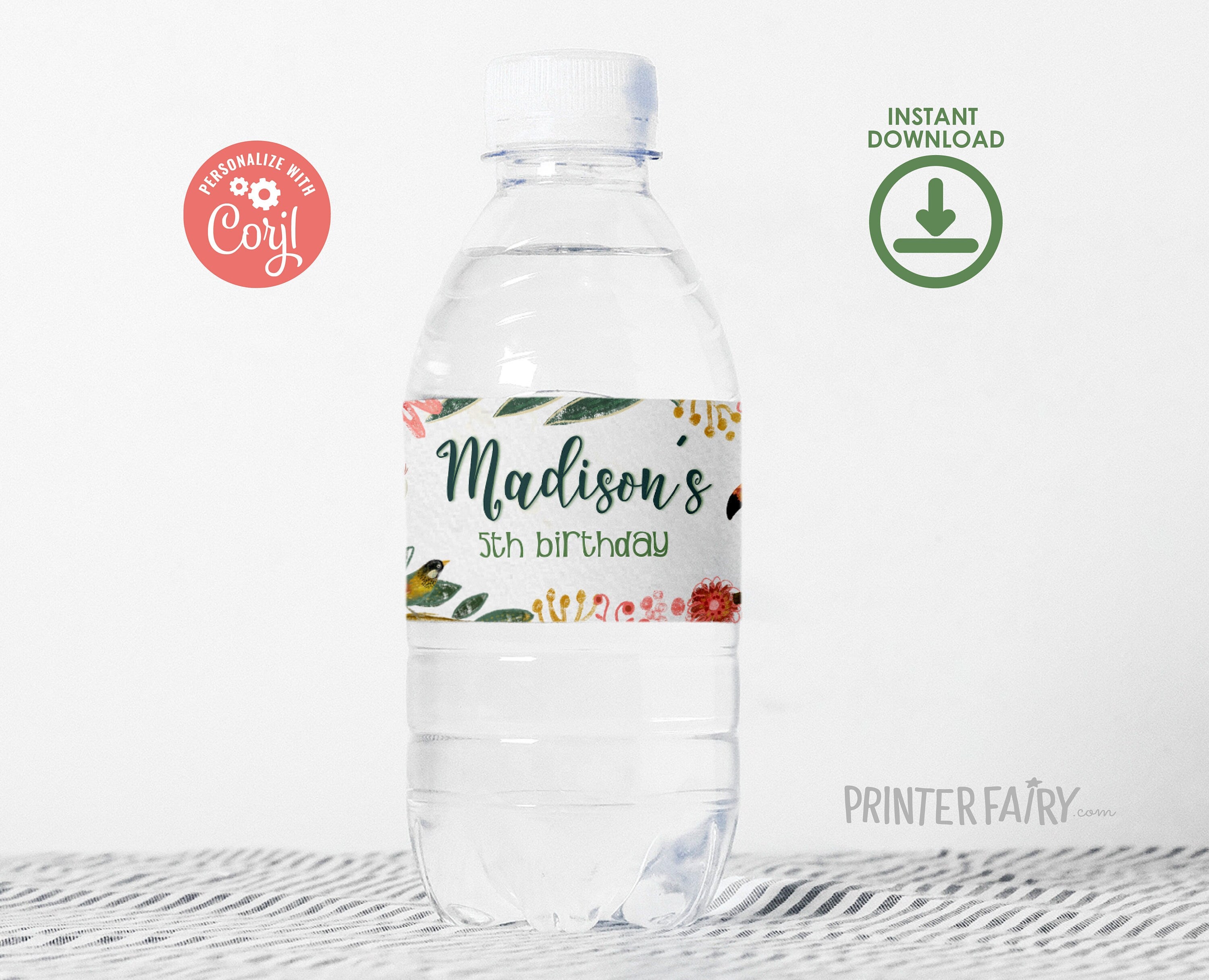 Tropical Birds Birthday Water Bottle Label, Editable (Instant Download)