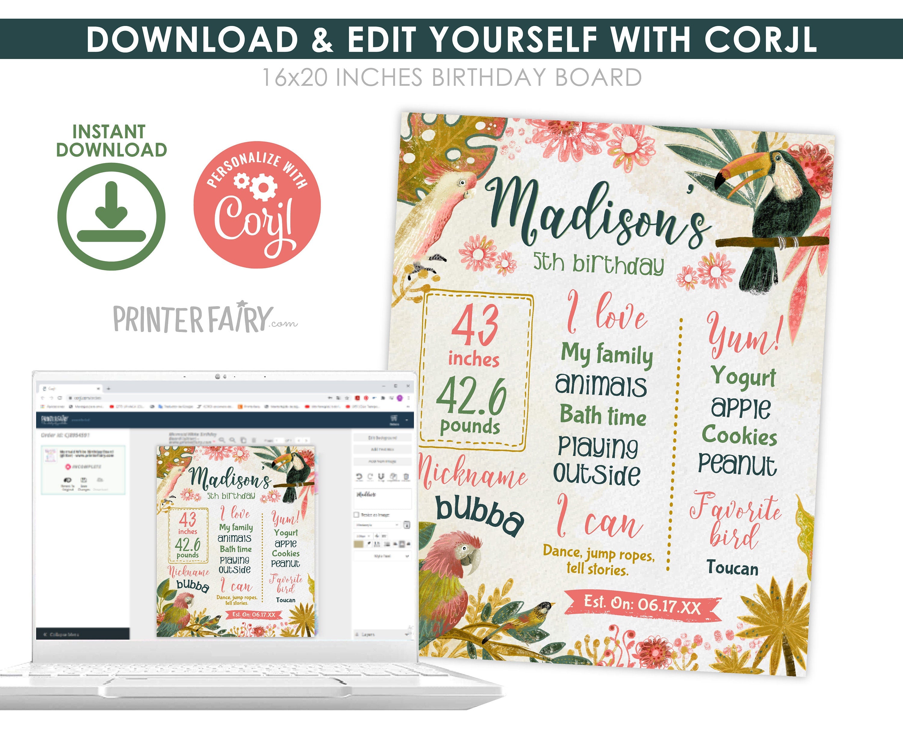 Tropical Birds First Birthday Milestones Board, Luau Sign (Digital Download)