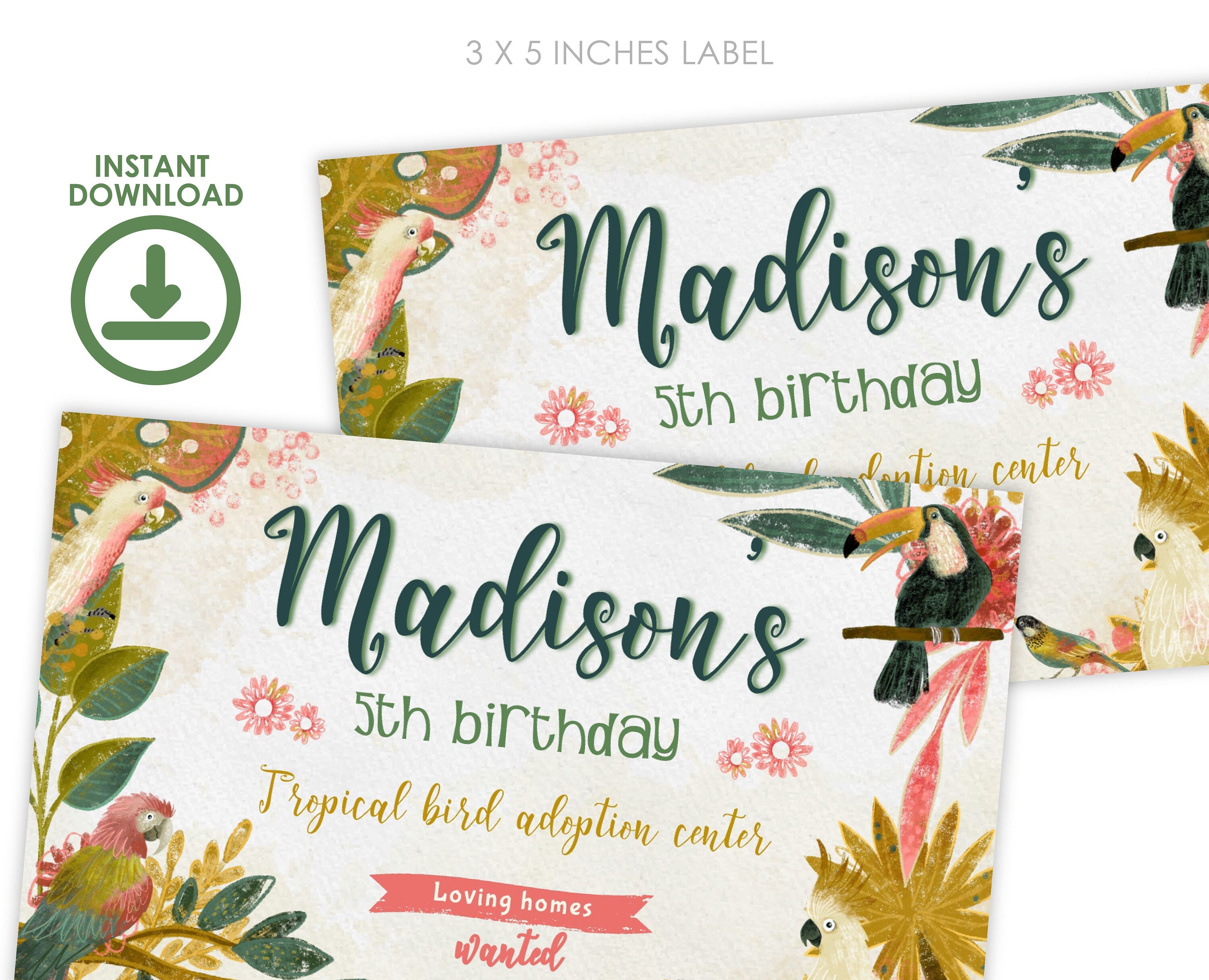 Tropical Bird Birthday Favor Box Label, Editable (Instant Download)
