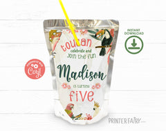 Tropical Birds Birthday Drink Pouch Label, Editable (Instant Download)