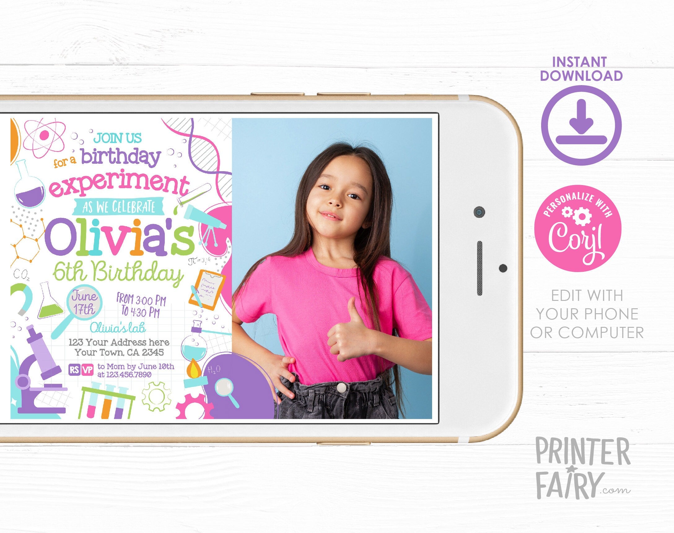 Science Birthday Photo Invitation, Editable Party Decor (Digital Item)