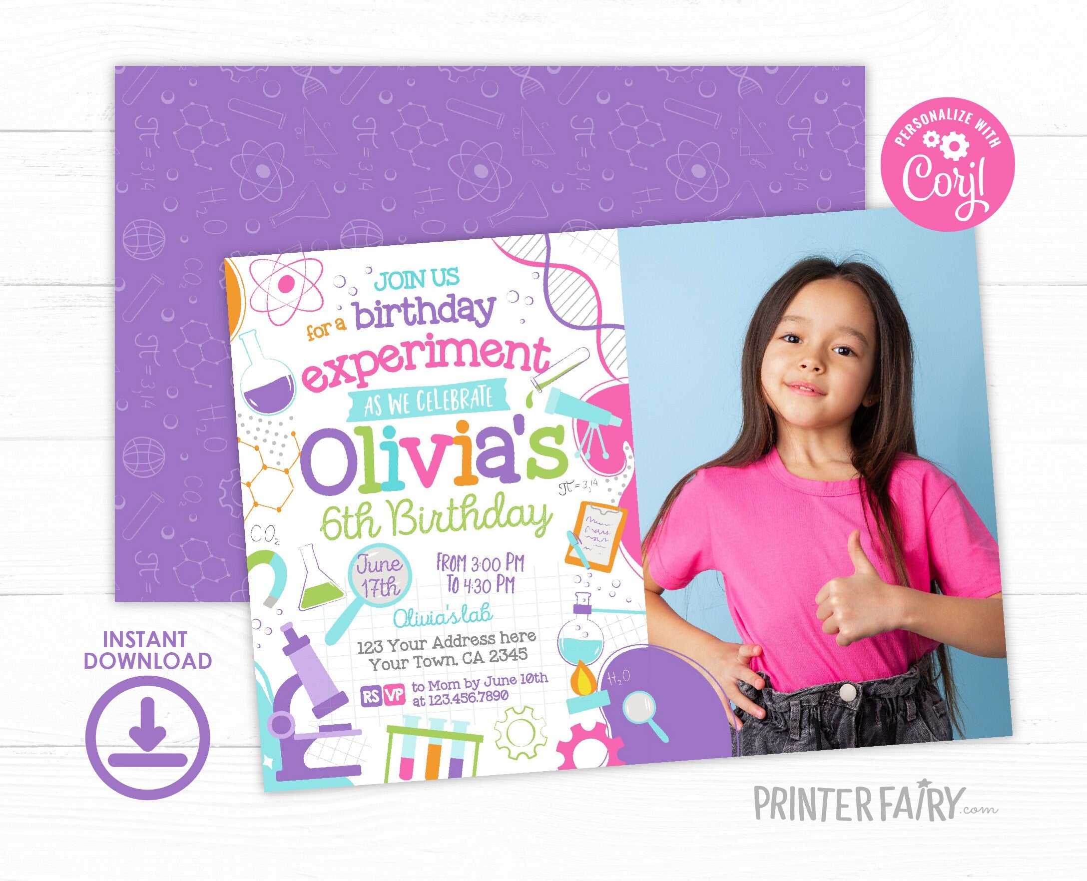 Science Birthday Photo Invitation, Editable Party Decor (Digital Item)