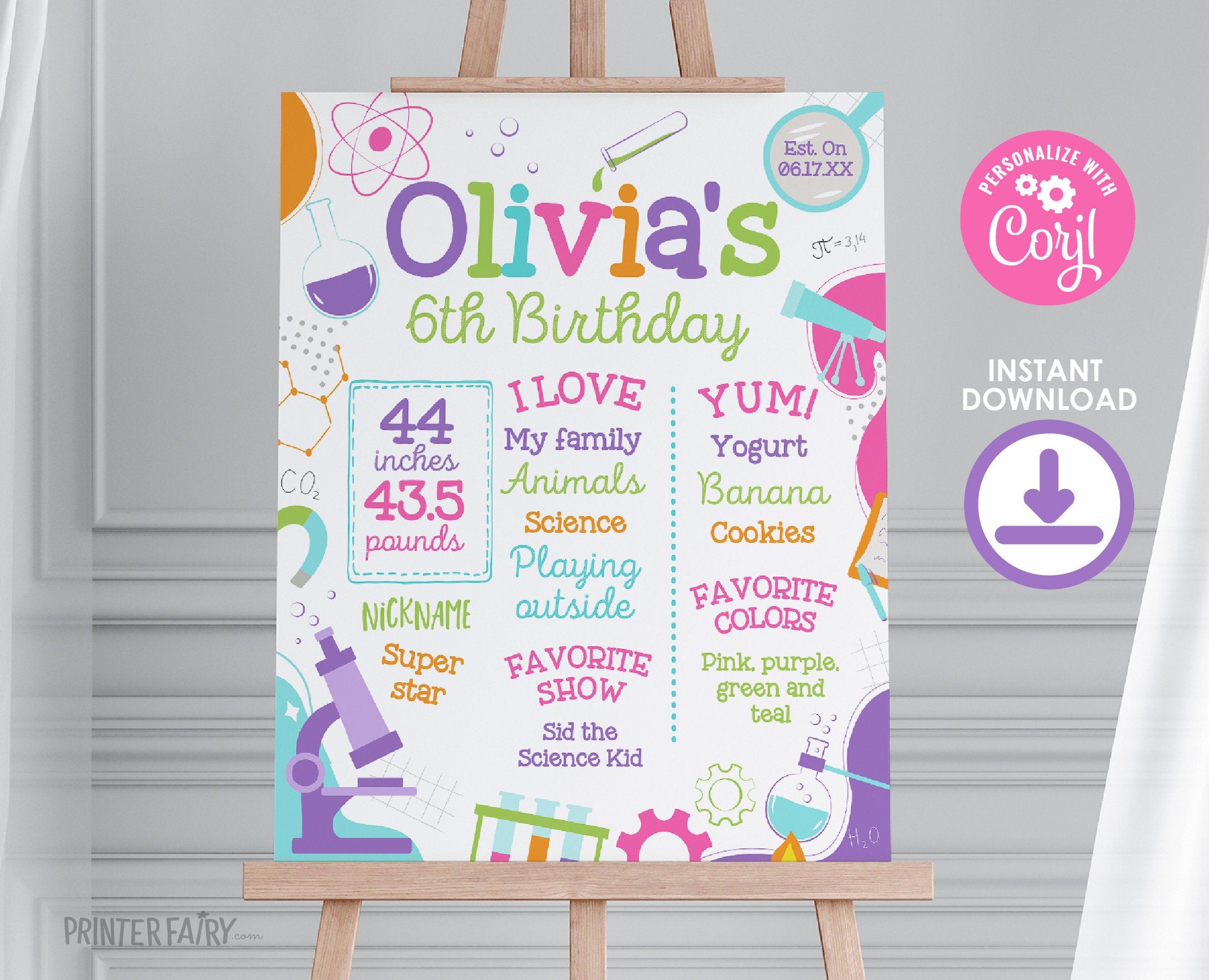 Editable Science Birthday Board, Mad Scientist Party (Digital)
