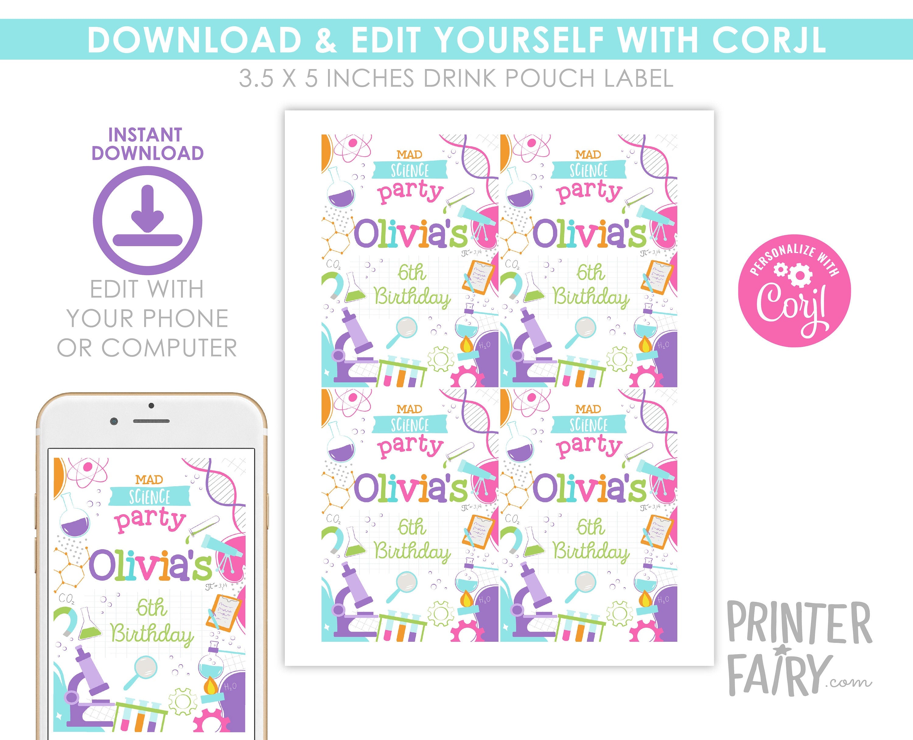 Editable Science Birthday Party Drink Pouch Label (Digital Item)