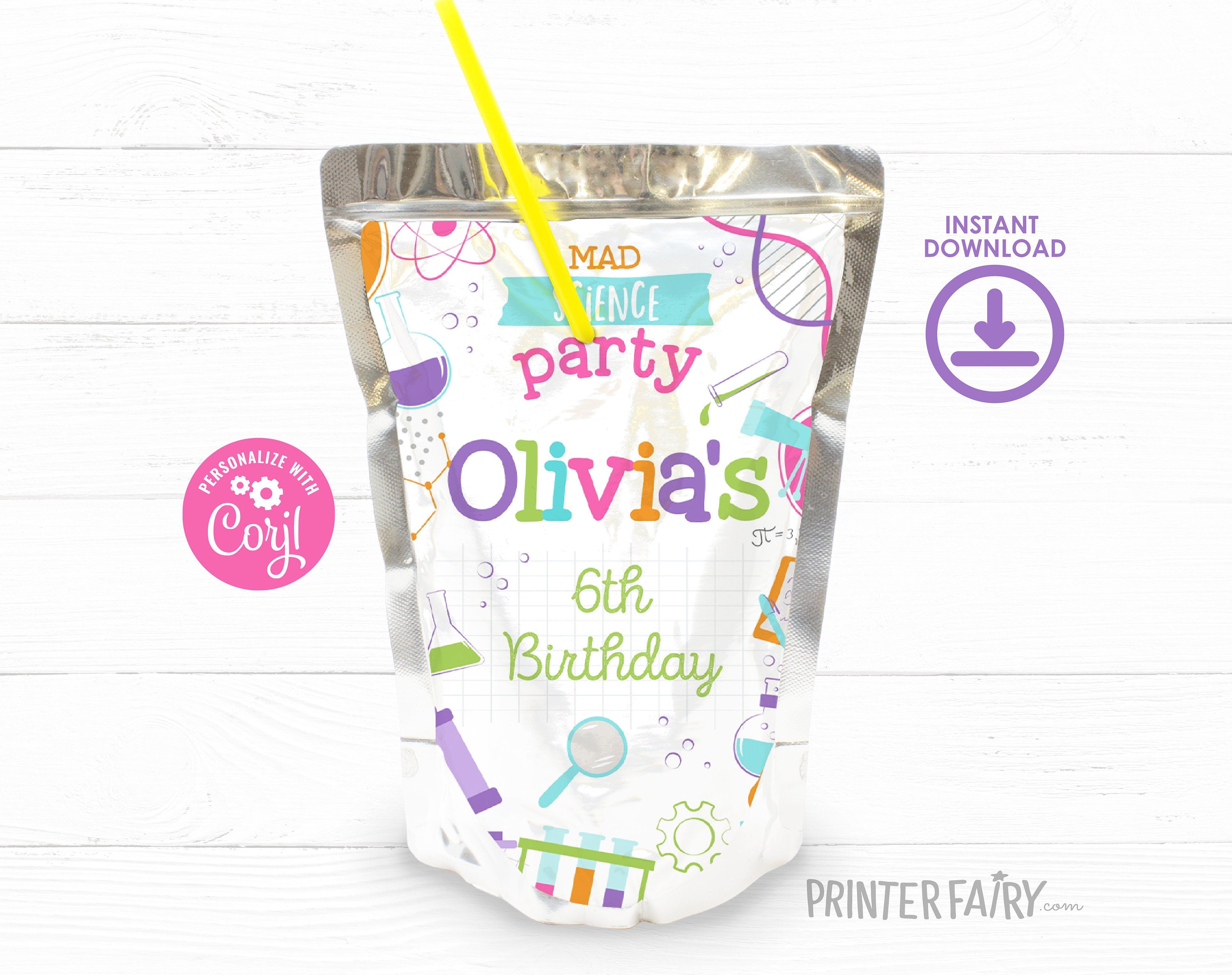 Editable Science Birthday Party Drink Pouch Label (Digital Item)