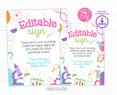 Science Party Sign, Editable Lab Printable Poster, Instant Download