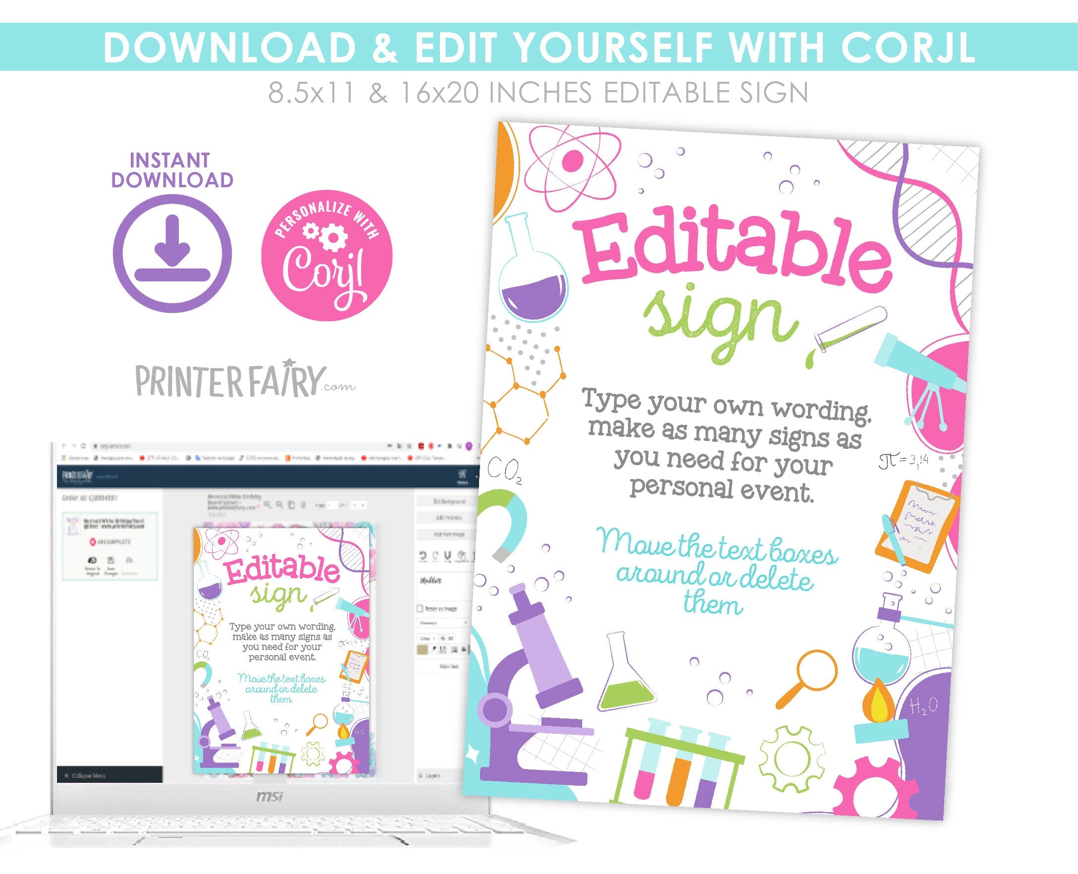 Science Party Sign, Editable Lab Printable Poster, Instant Download