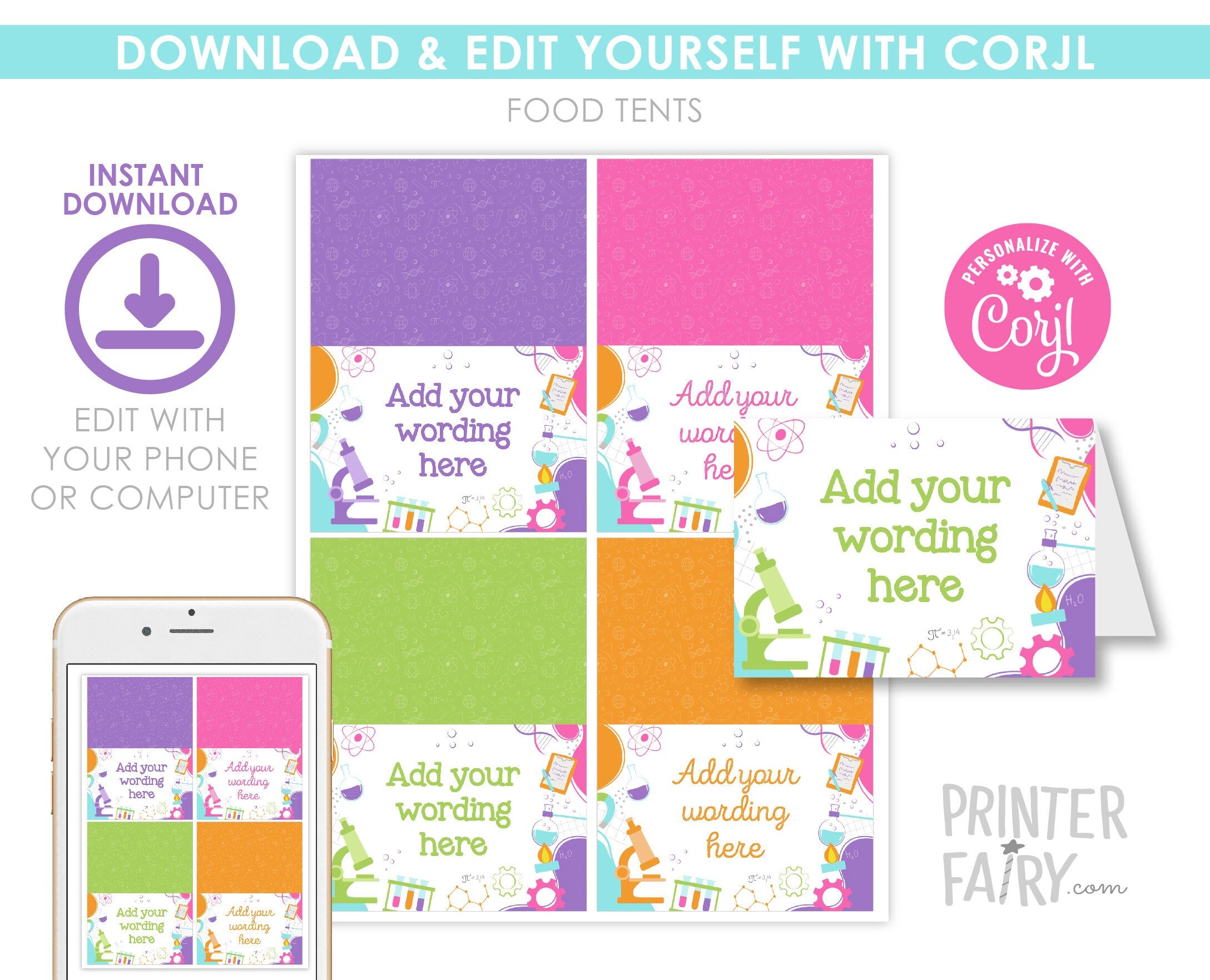Editable Science Birthday Party Food Tents (Digital Download)