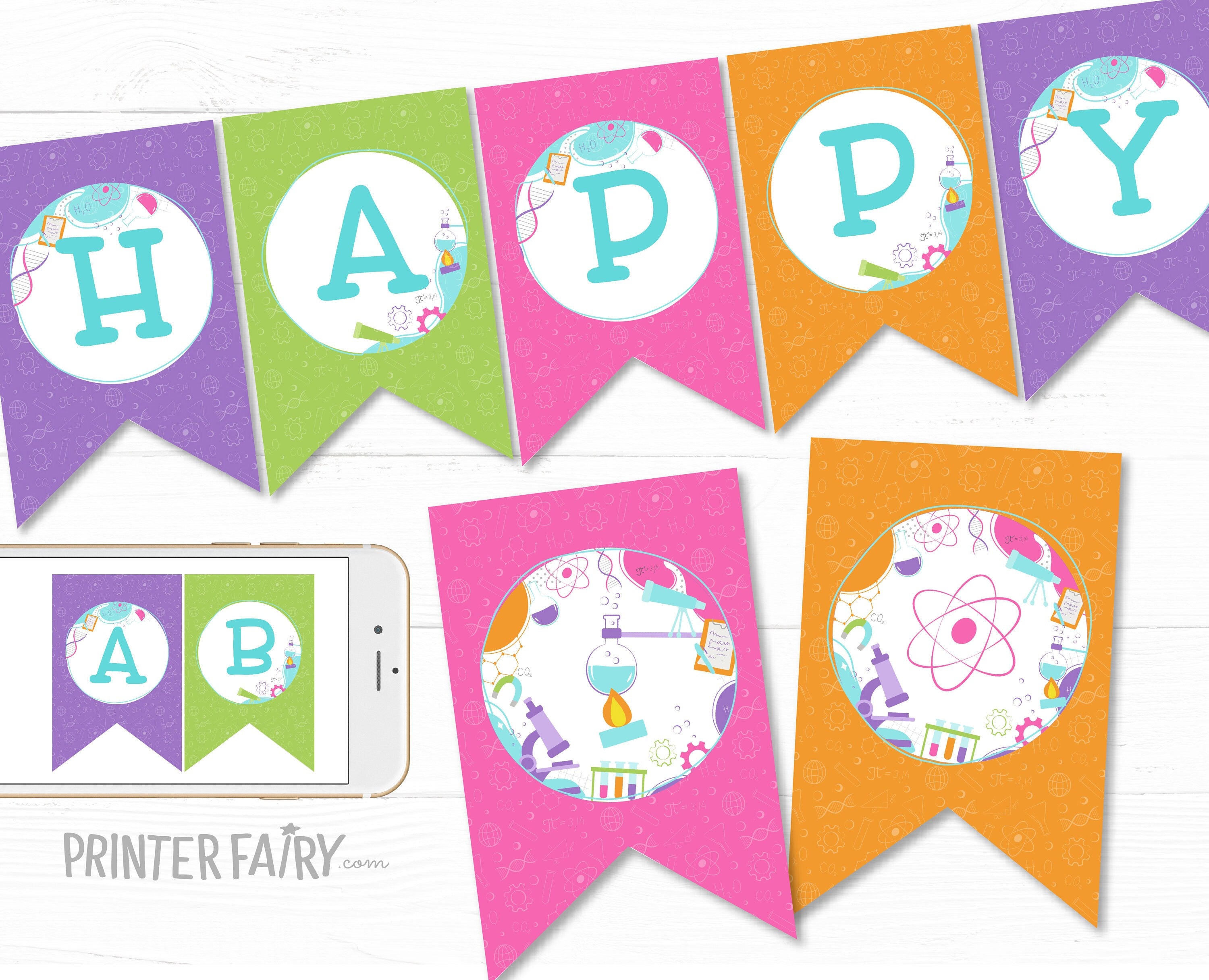 Editable Science Birthday Party Banner, Printable Bunting (Digital Download)