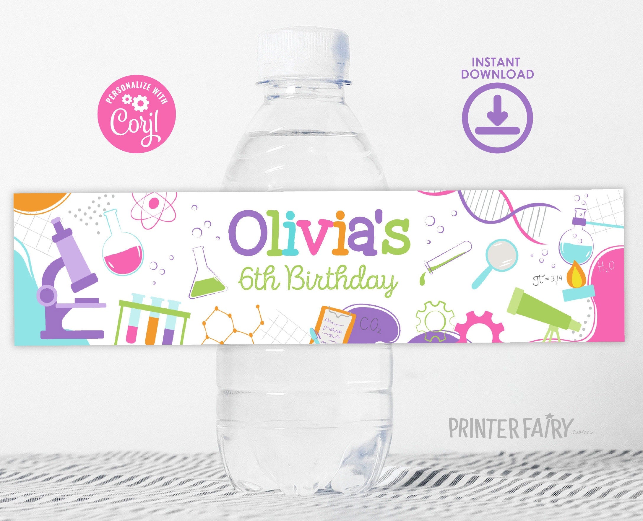 Editable Science Birthday Party Water Bottle Label (Digital)