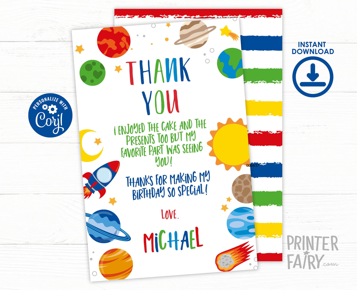 Editable Space Birthday Thank You Card, Galaxy Theme (Instant Download)