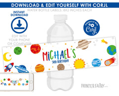 Editable Space Birthday Water Bottle Label, Galaxy Theme (INSTANT DOWNLOAD)