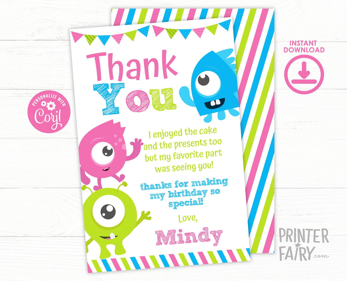Monster Birthday Thank You Card, EDITABLE (Digital Download)