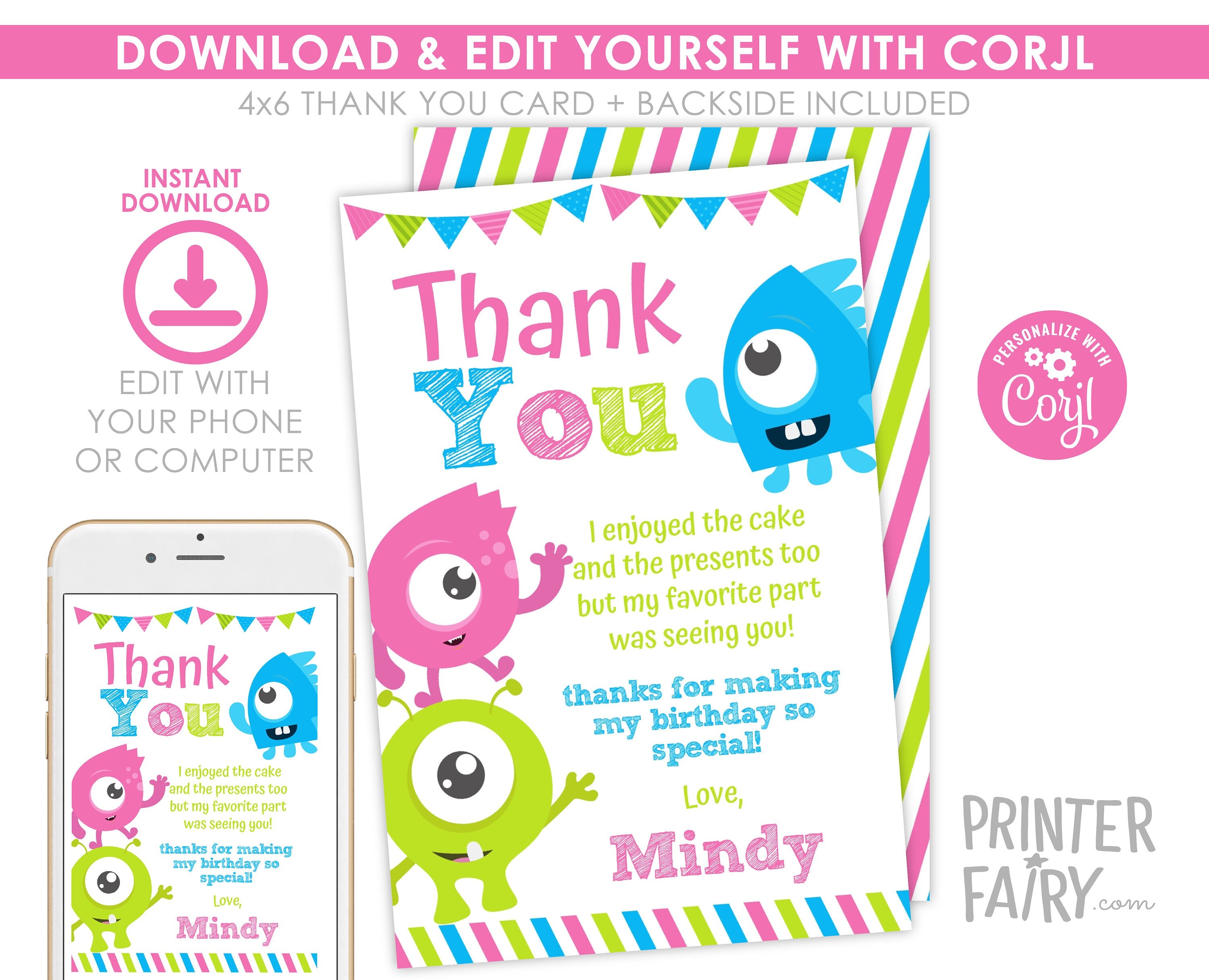 Monster Birthday Thank You Card, EDITABLE (Digital Download)