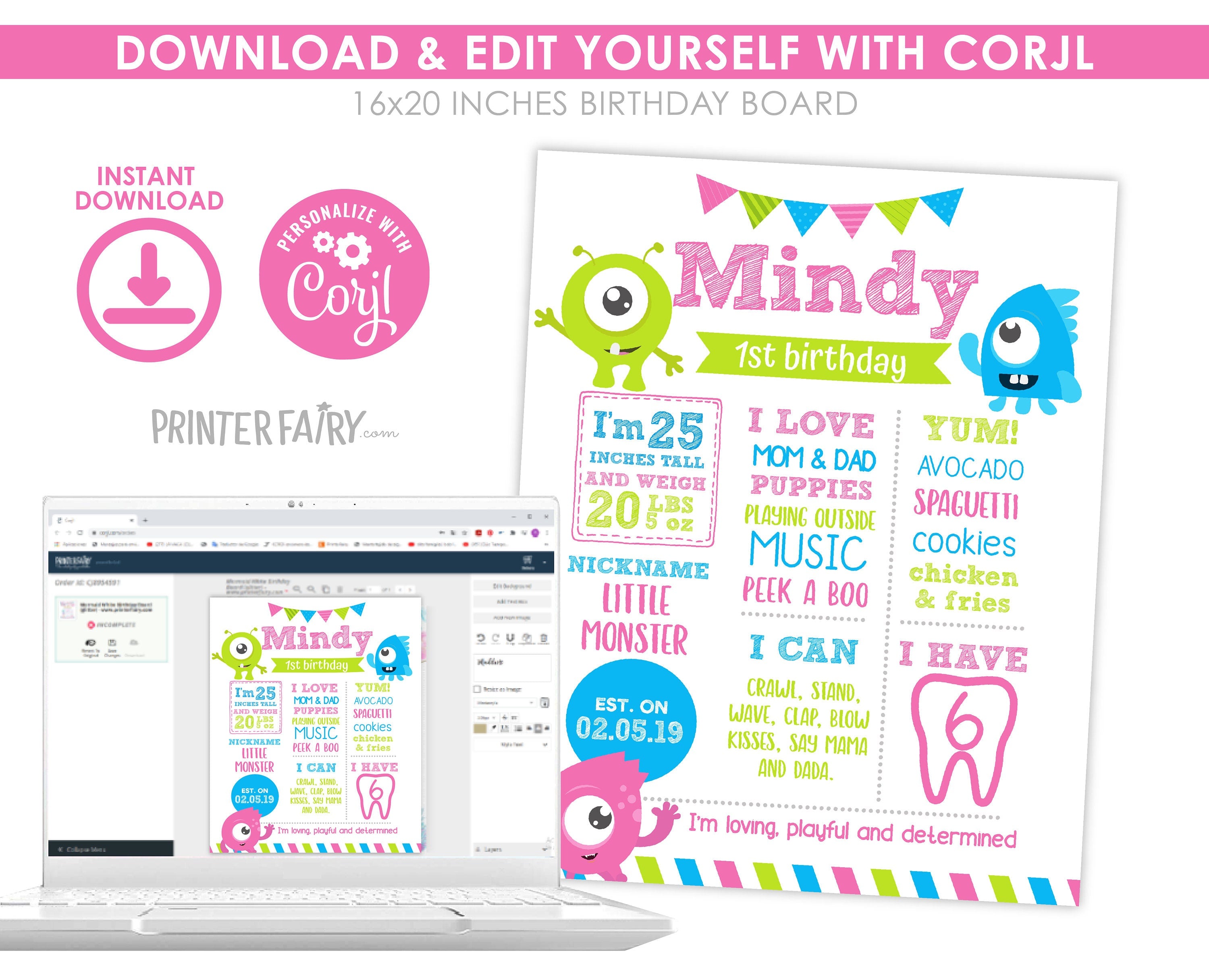 Little Monster Birthday Board, EDITABLE Sign (Instant Download)